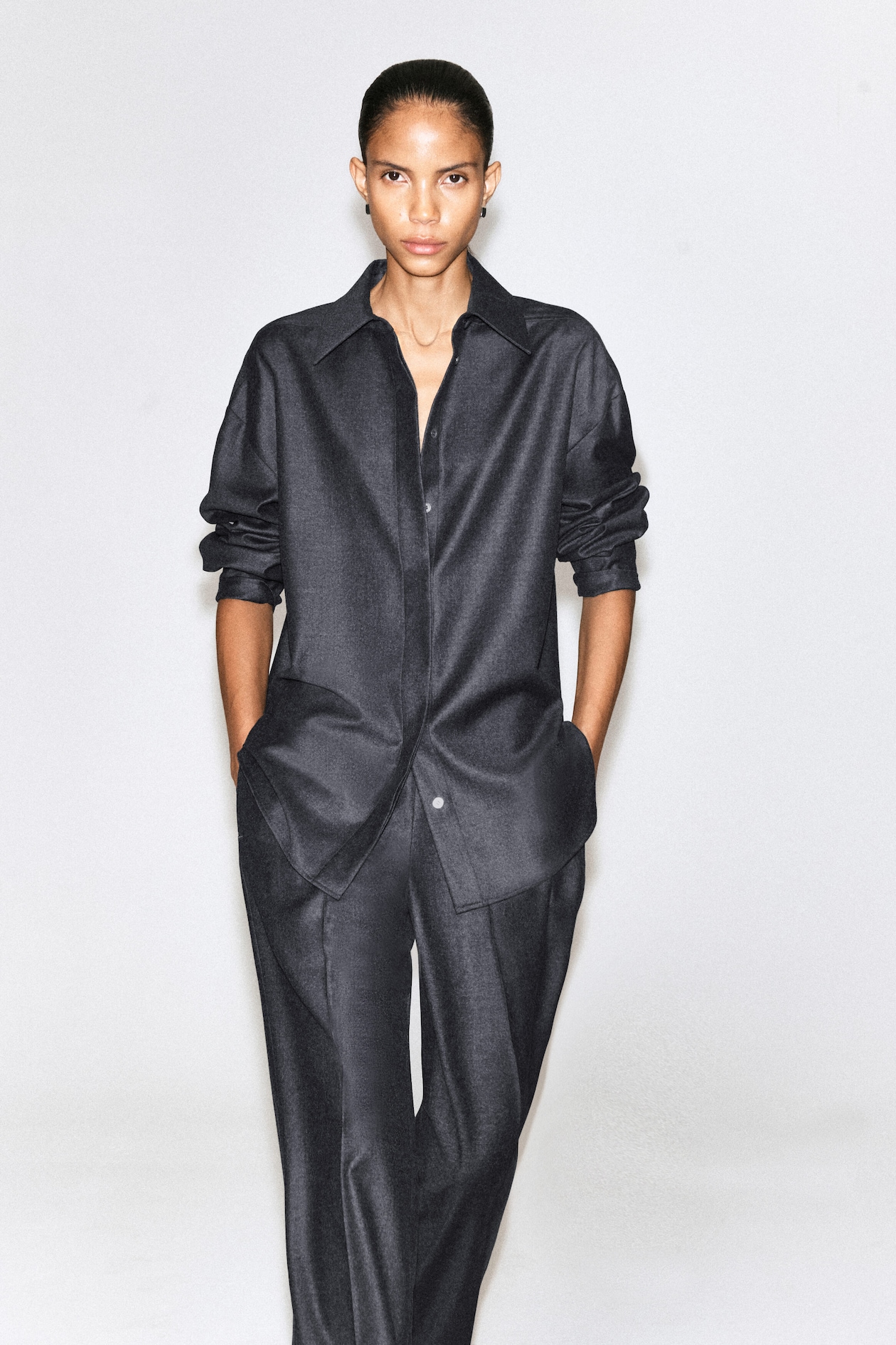 WING-COLLAR WOOL-FLANNEL SHIRT — SLATE