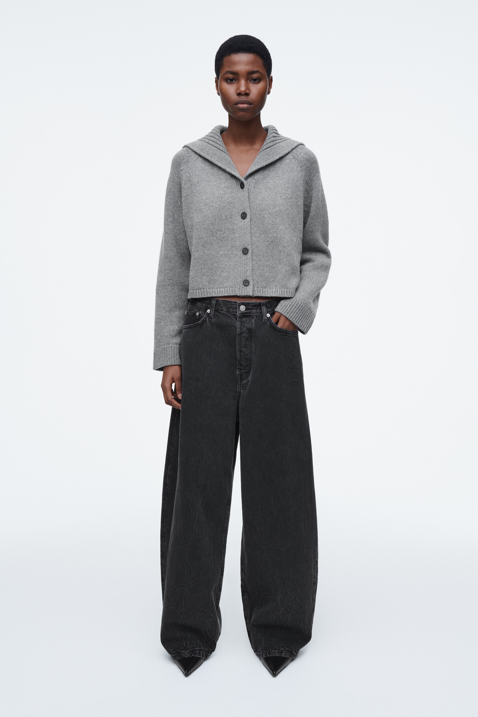 SAILOR-COLLAR WOOL CARDIGAN - GREY MÉLANGE/DARK BROWN/BEIGE - 5