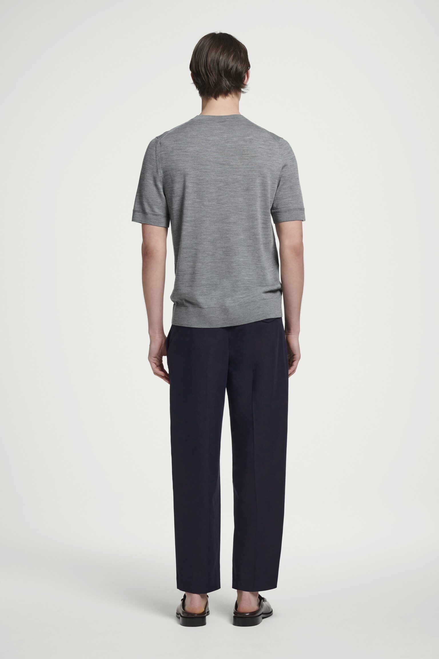 SLIM-FIT MERINO WOOL KNITTED T-SHIRT - GREY MÉLANGE/NAVY - 6