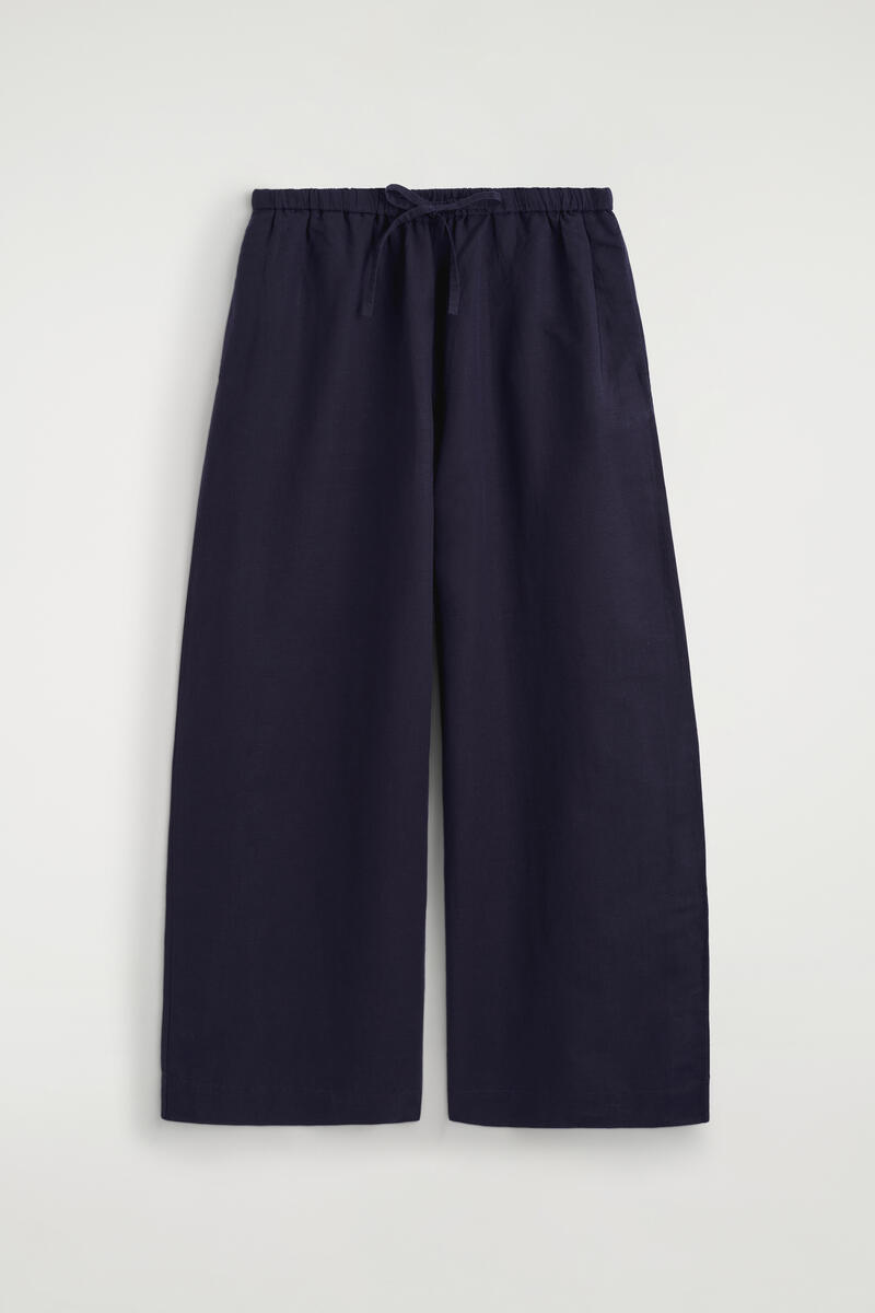 Wide-Leg Linen Drawstring Pants in Navy