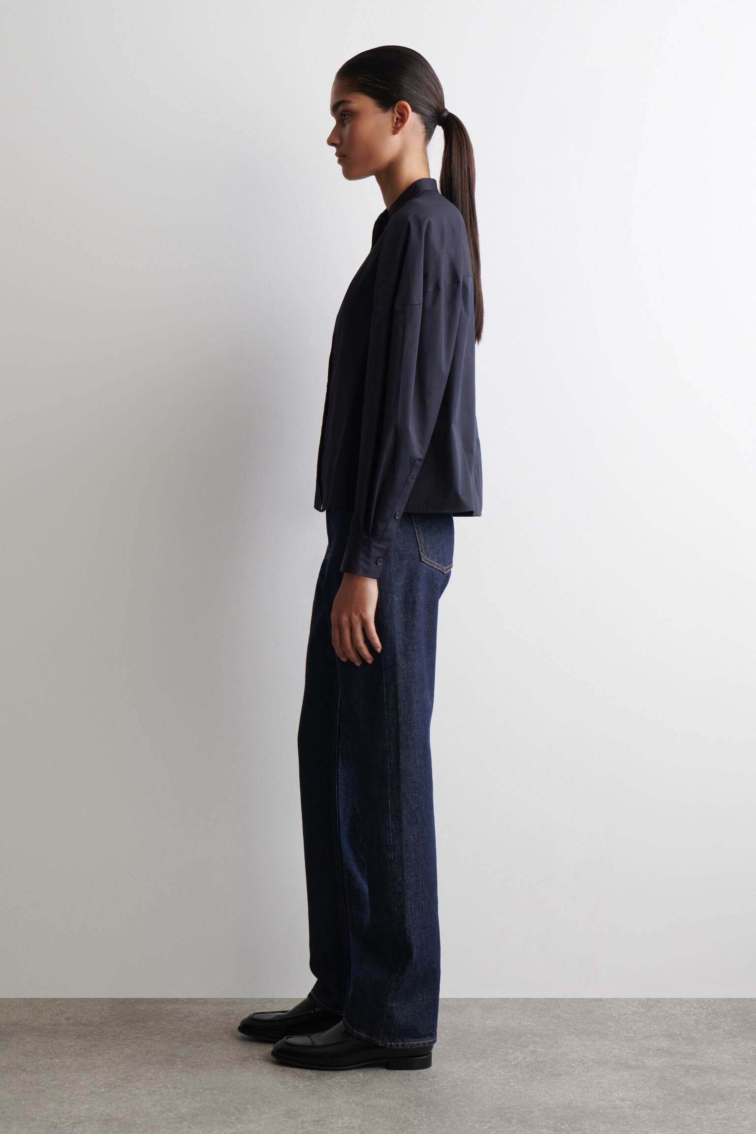 CHEMISE SANS COL EN COTON - BLEU MARINE/BLANC - 4
