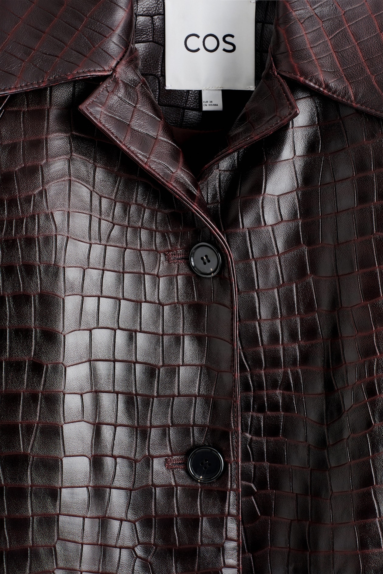 CROC-EFFECT LEATHER LONG COAT — DARK BROWN