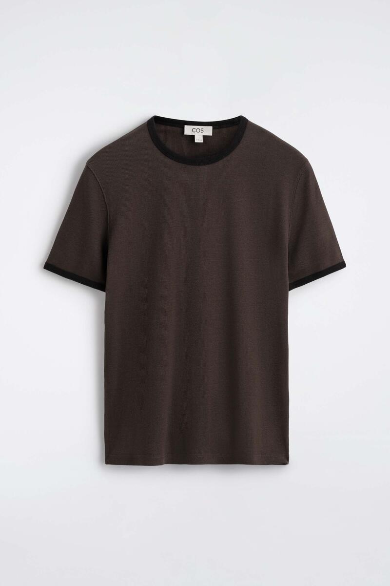 Slim Ribbed Cotton T-Shirt in Brown
