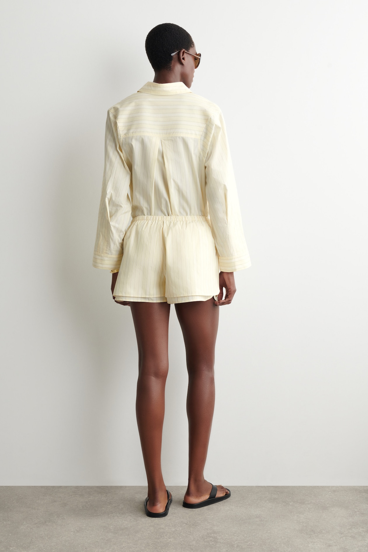 LAYERED DRAWSTRING COTTON-POPLIN SHORTS — YELLOW / STRIPED