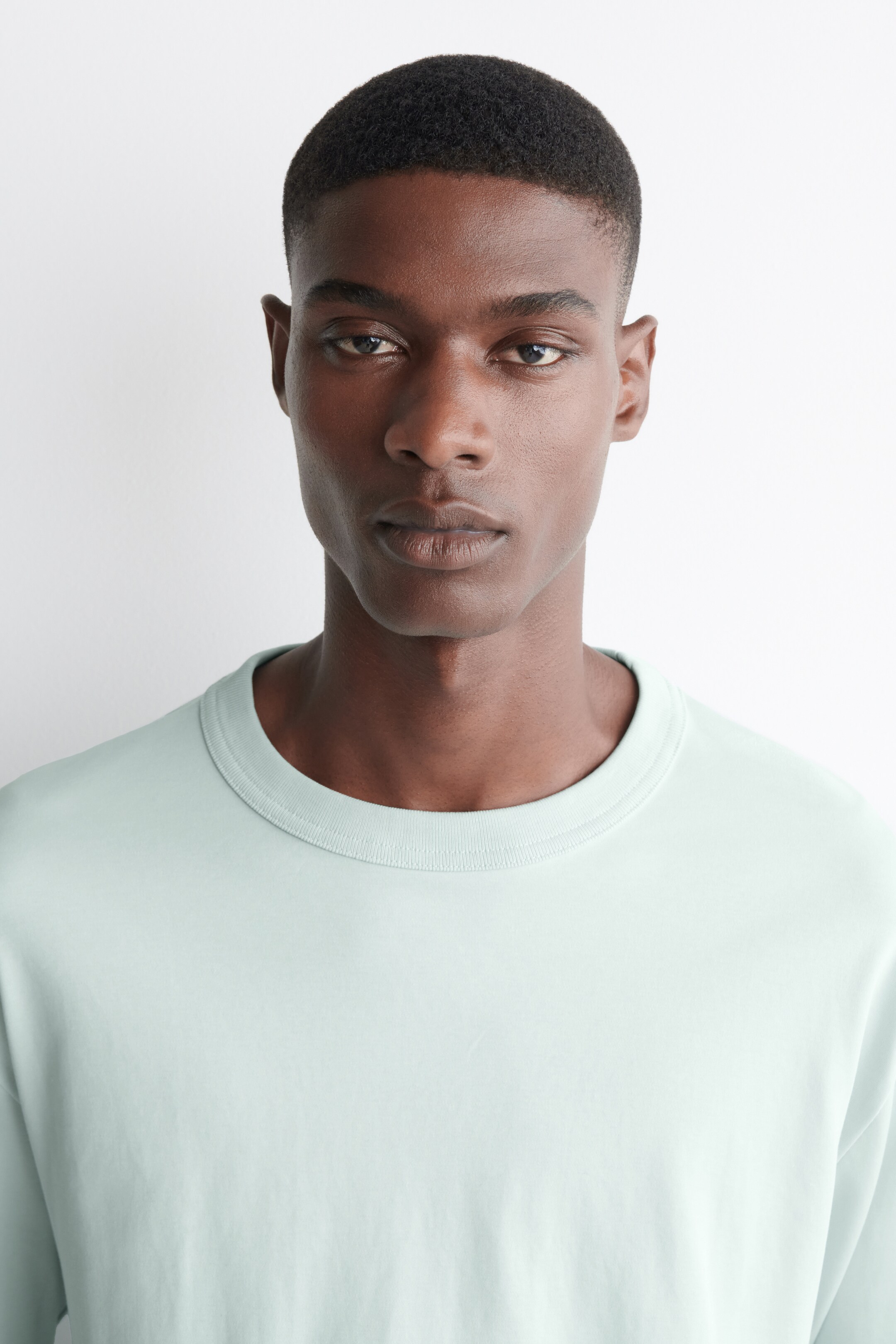 View larger image: A light green T-shirt with a ribbed crew neck and relaxed fit is being worn by the model.