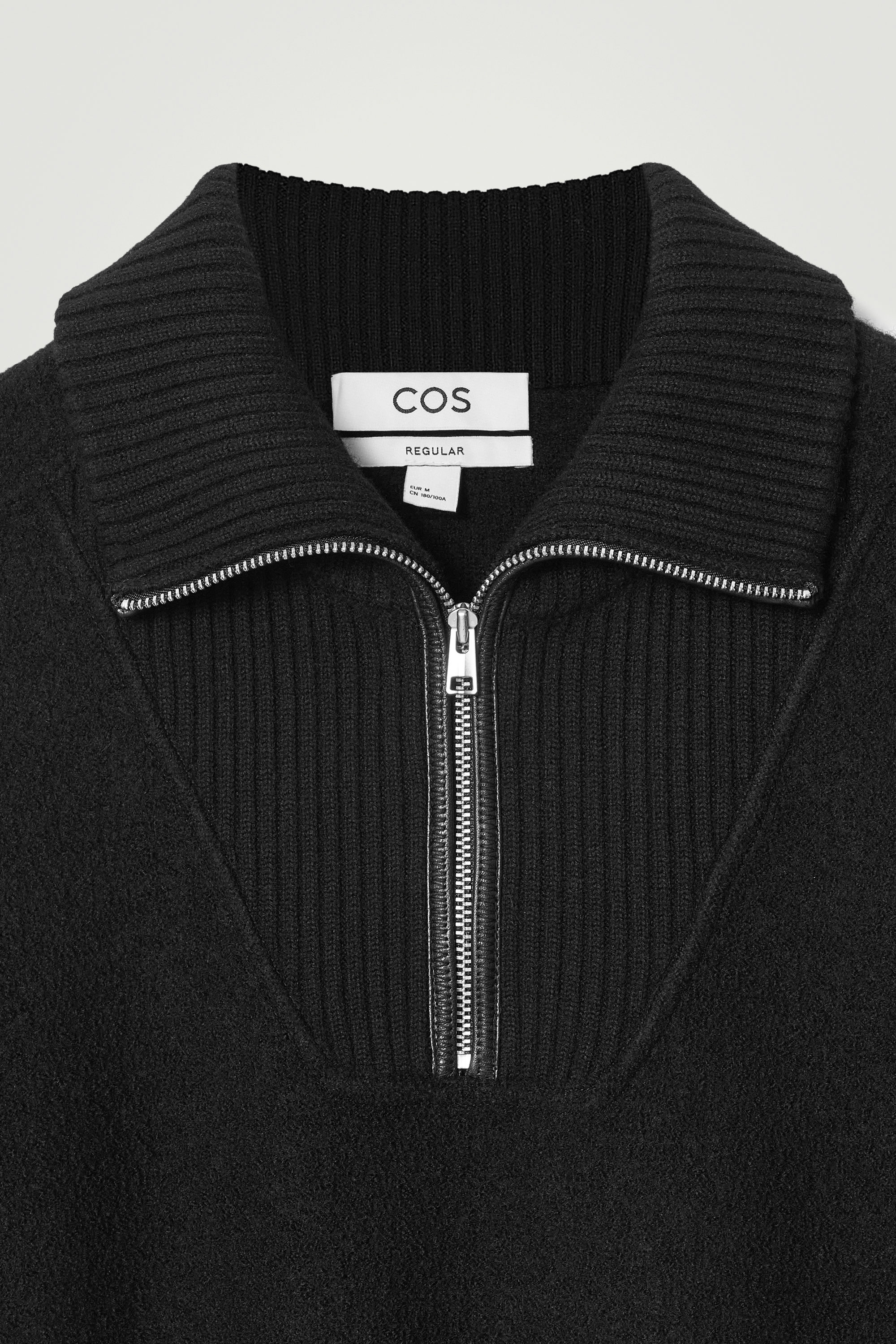 LEATHER-DETAIL MERINO WOOL HALF-ZIP SWEATER - BLACK | COS US