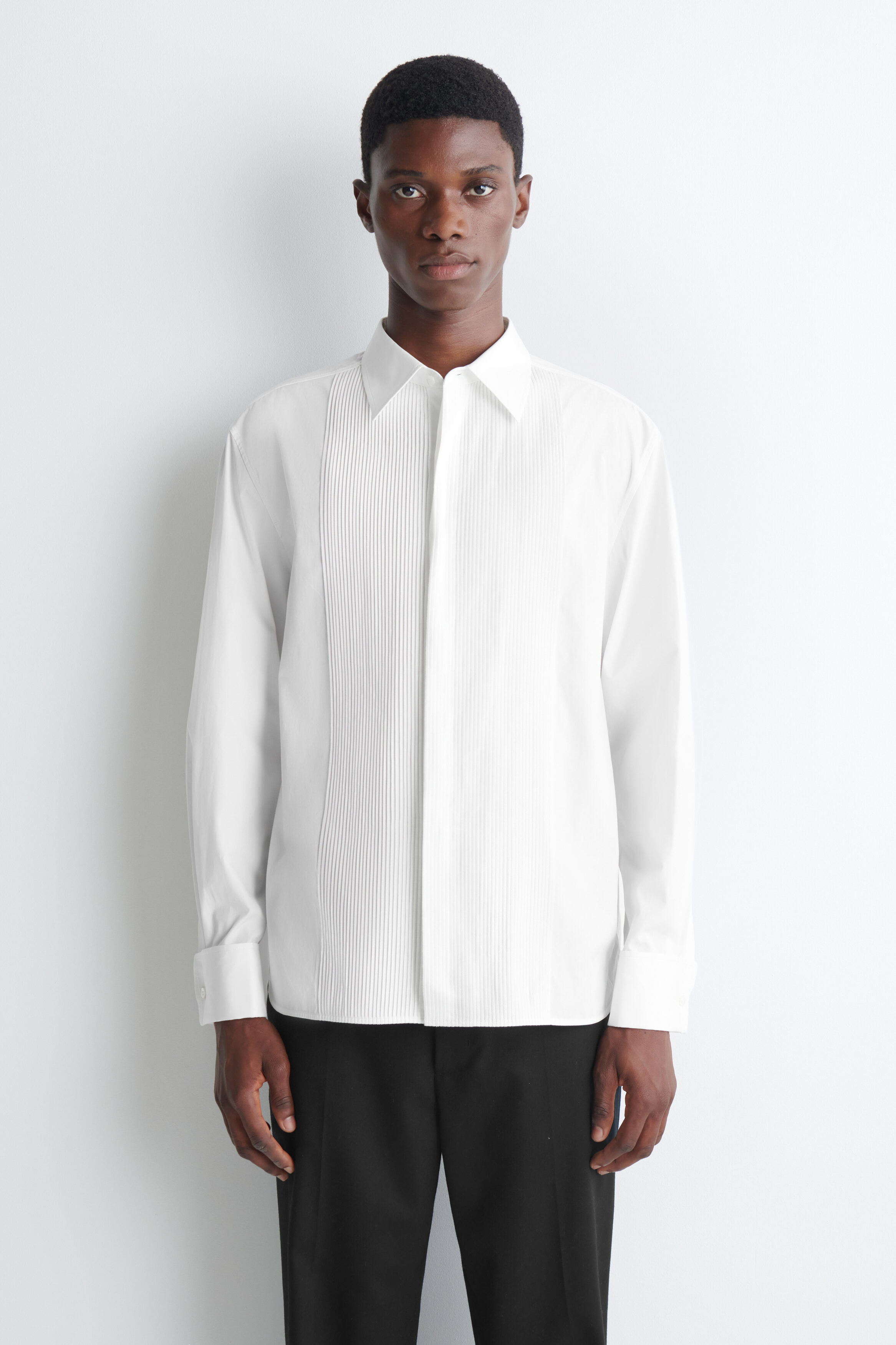 PINTUCKED COTTON TUXEDO SHIRT