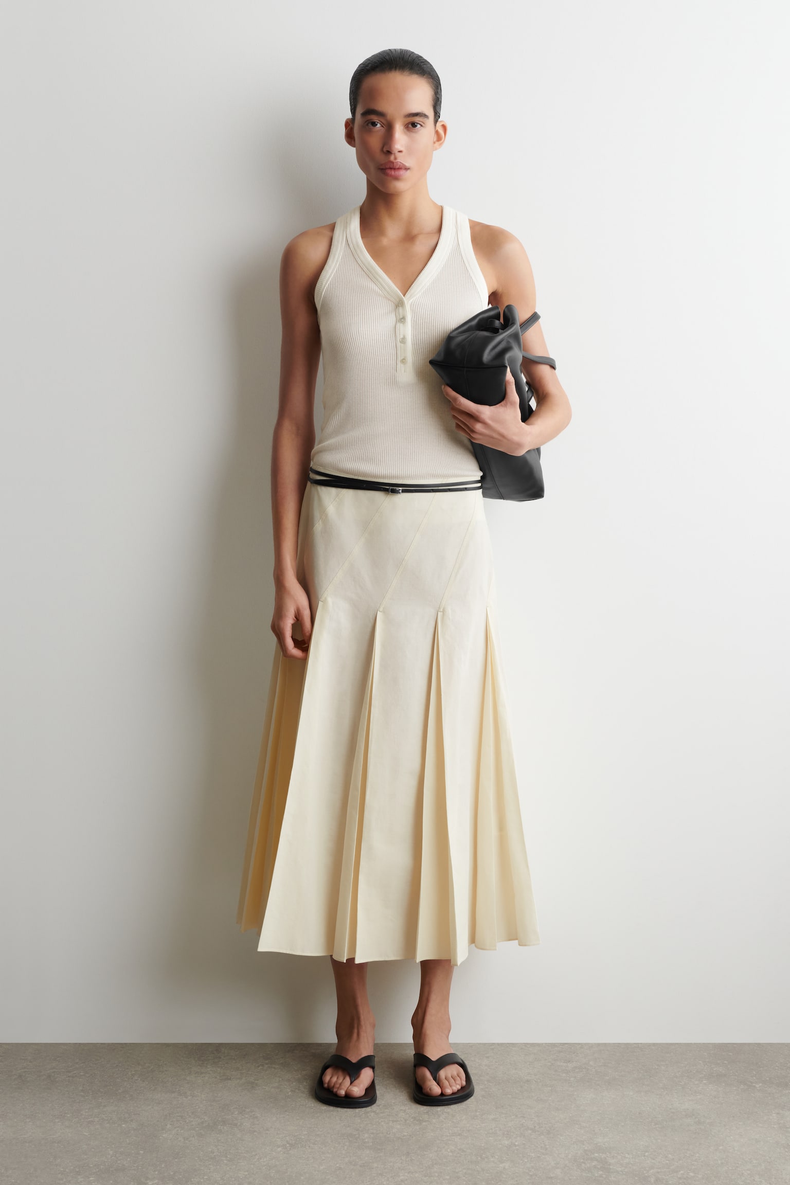 PLEATED COTTON-LINEN MIDI SKIRT - שנהב/בורדו - 1