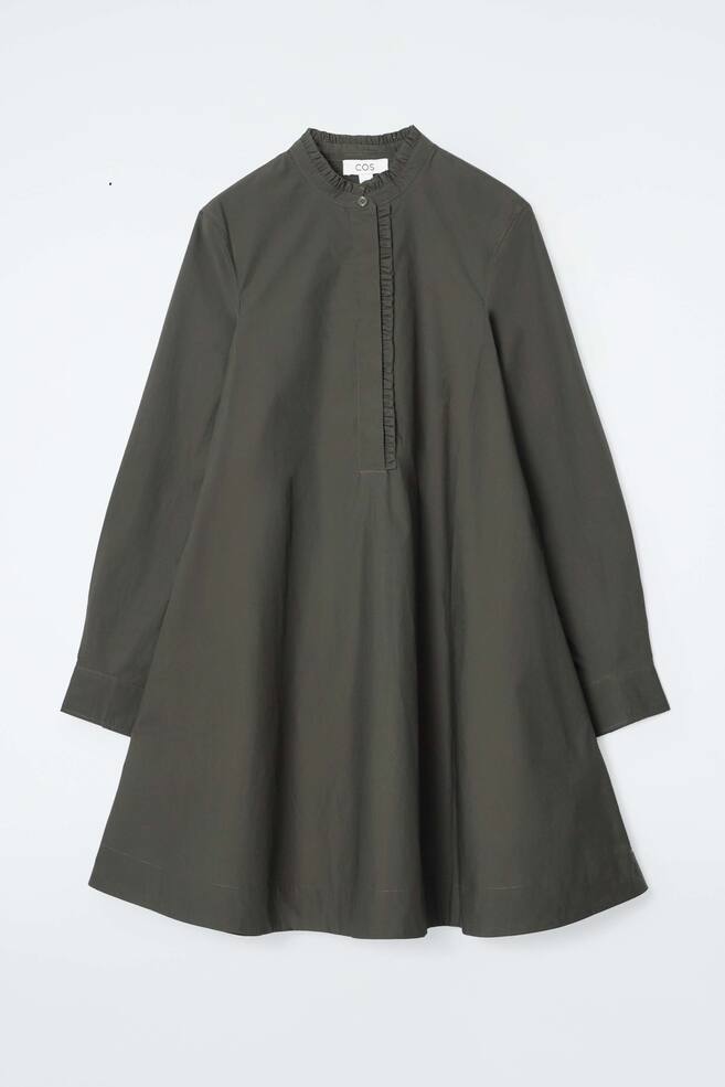 RUFFLED SWING MINI DRESS - DARK KHAKI/BLACK - 1