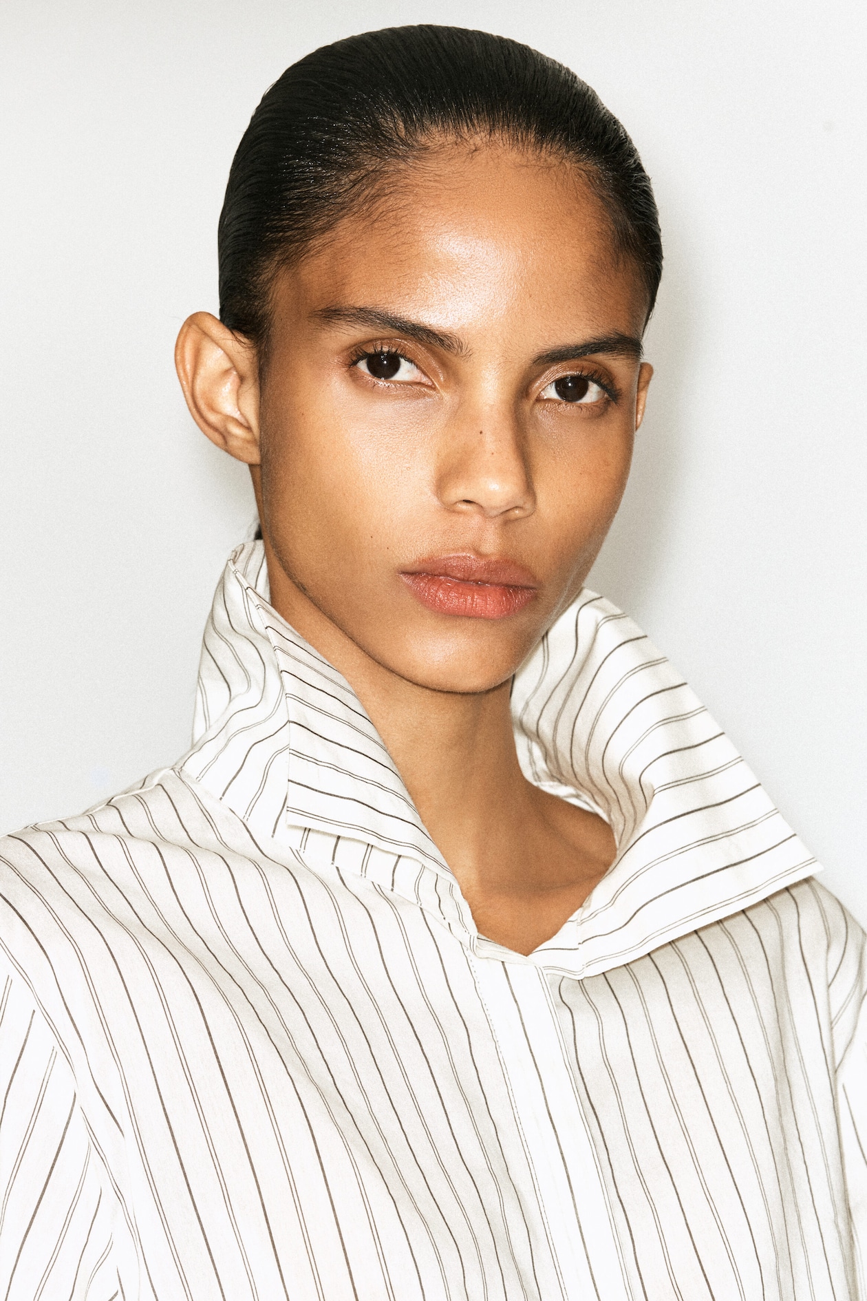 STRIPED COTTON-SILK HIGH-COLLAR SHIRT — IVORY / BROWN / STRIPED