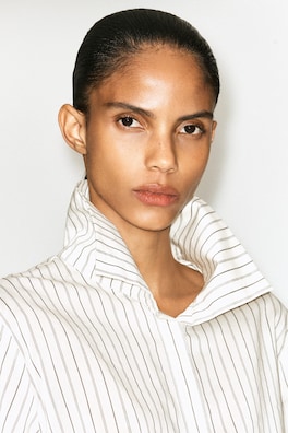 STRIPED COTTON-SILK HIGH-COLLAR SHIRT — IVORY / BROWN / STRIPED 6