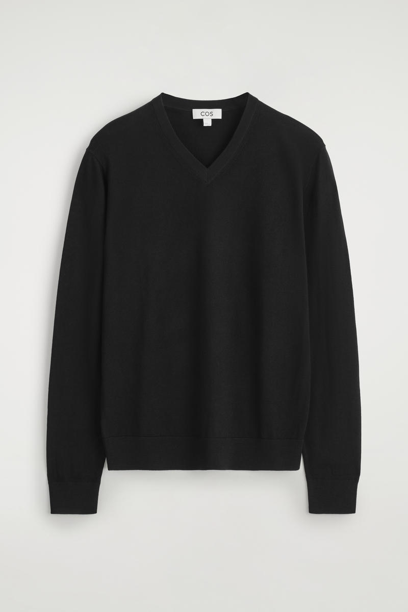 Cos Slim Merino Wool V-neck Sweater In Black