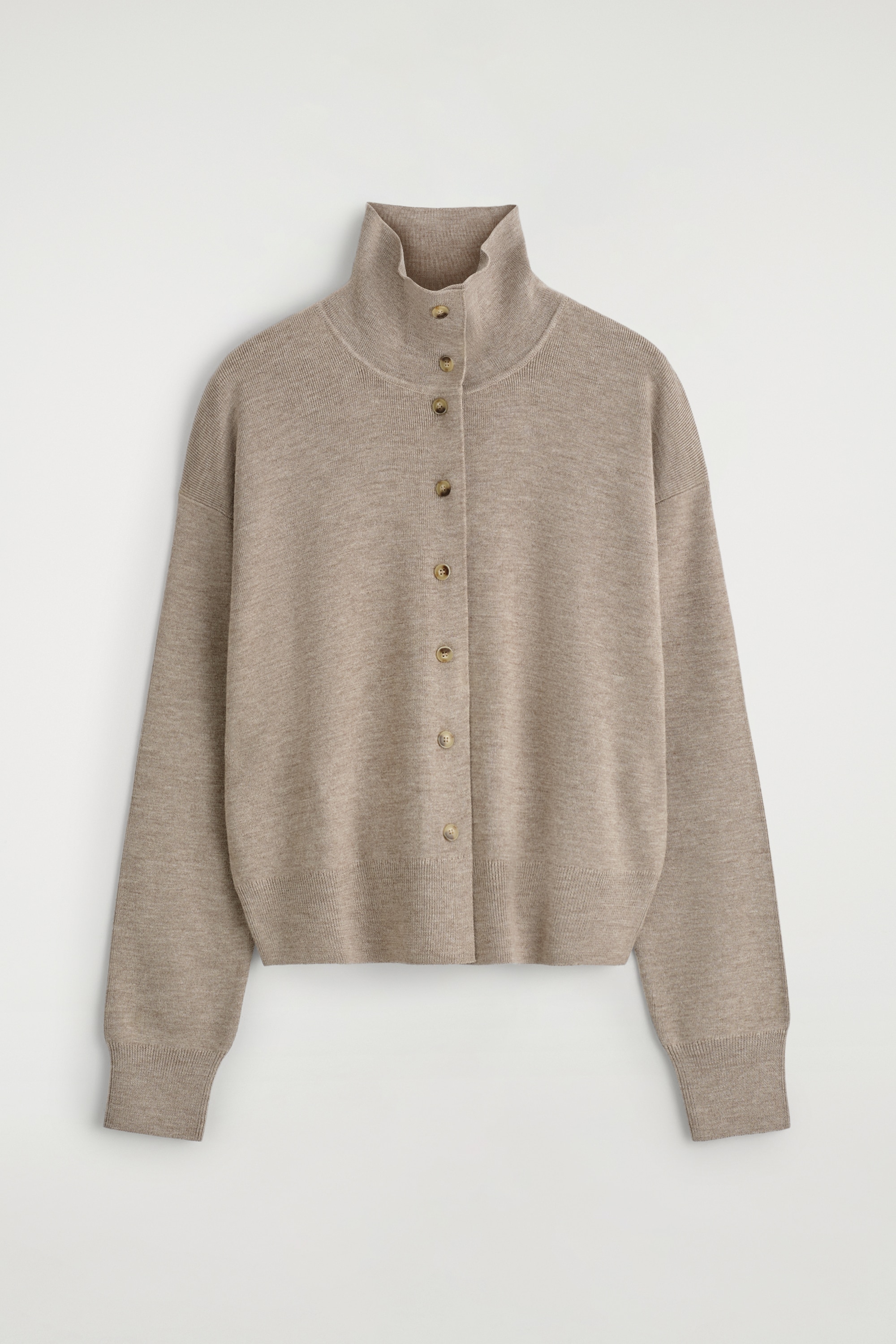 CARDIGAN I MERINOULL MED TRATTKRAGE - MELERAD BEIGE/MARINBLÅ