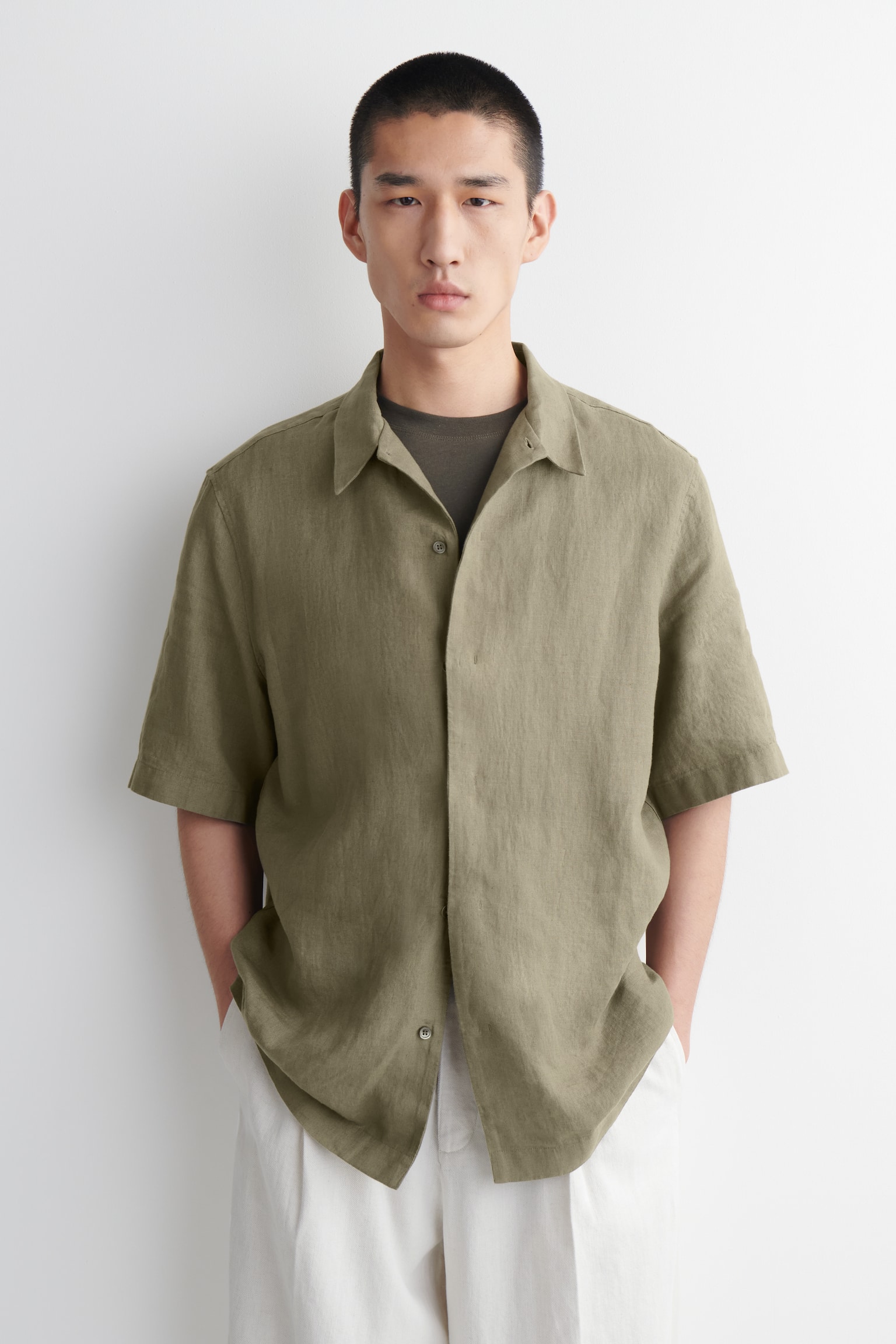 LNĚNÁ KOŠILE S KRÁTKÝM RUKÁVEM - KHAKI - 1