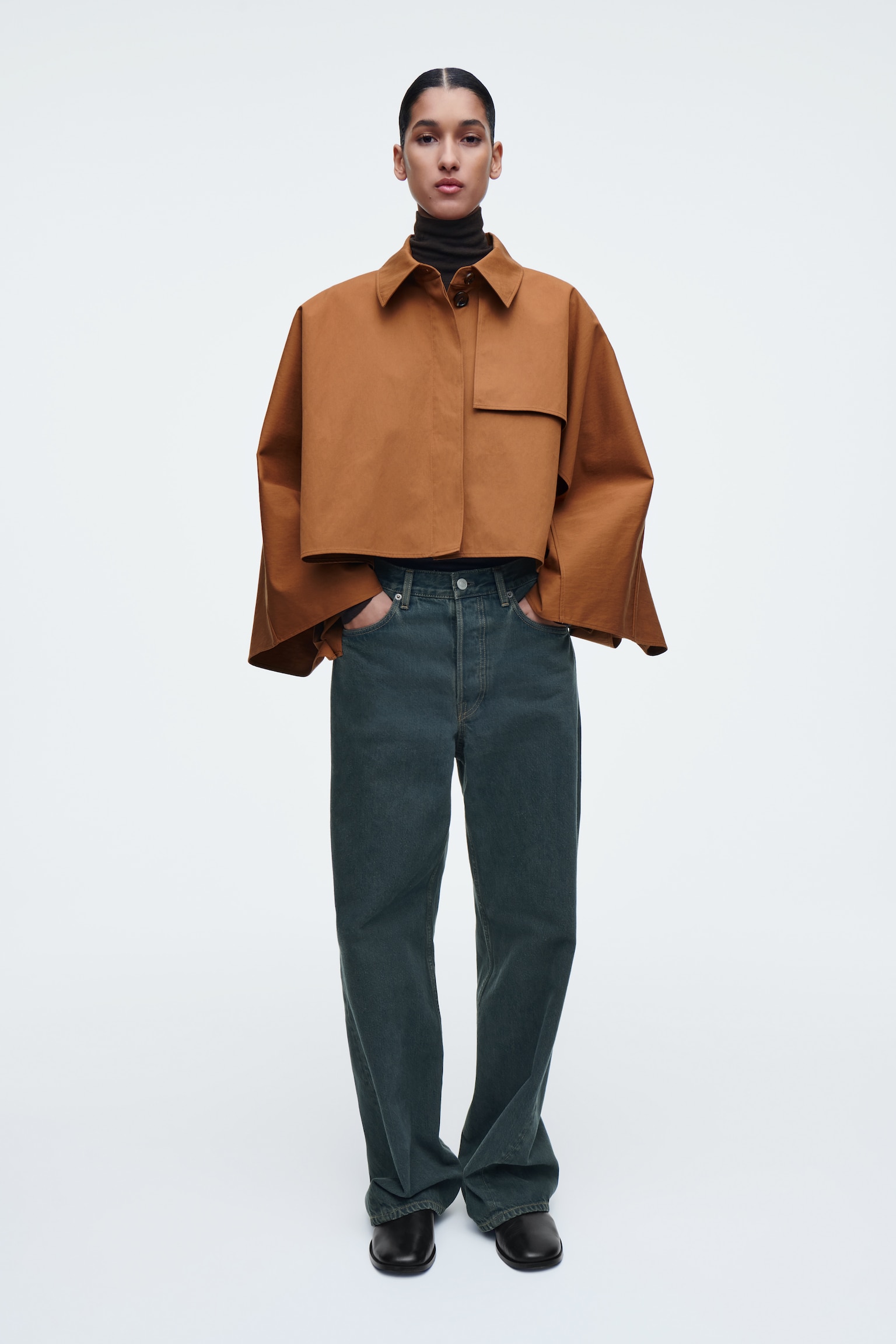 OVERSIZED CROPPED TRENCH COAT CAPE - RUST
