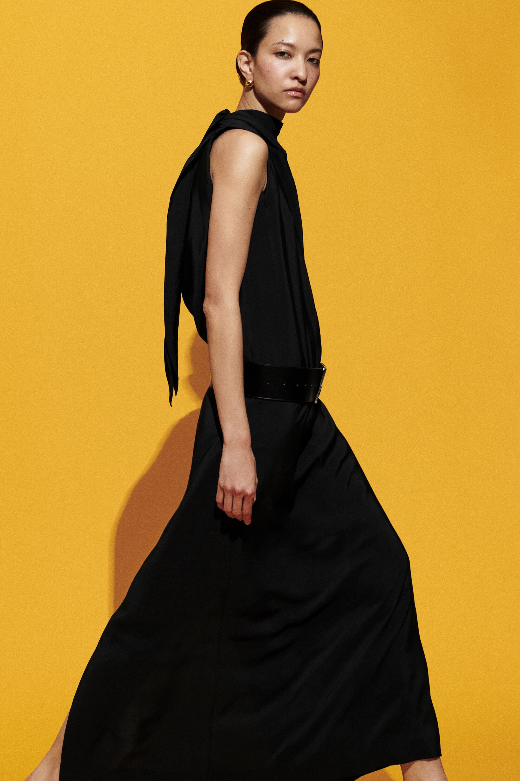 DRAPED TIE-DETAIL HIGH-NECK MAXI DRESS