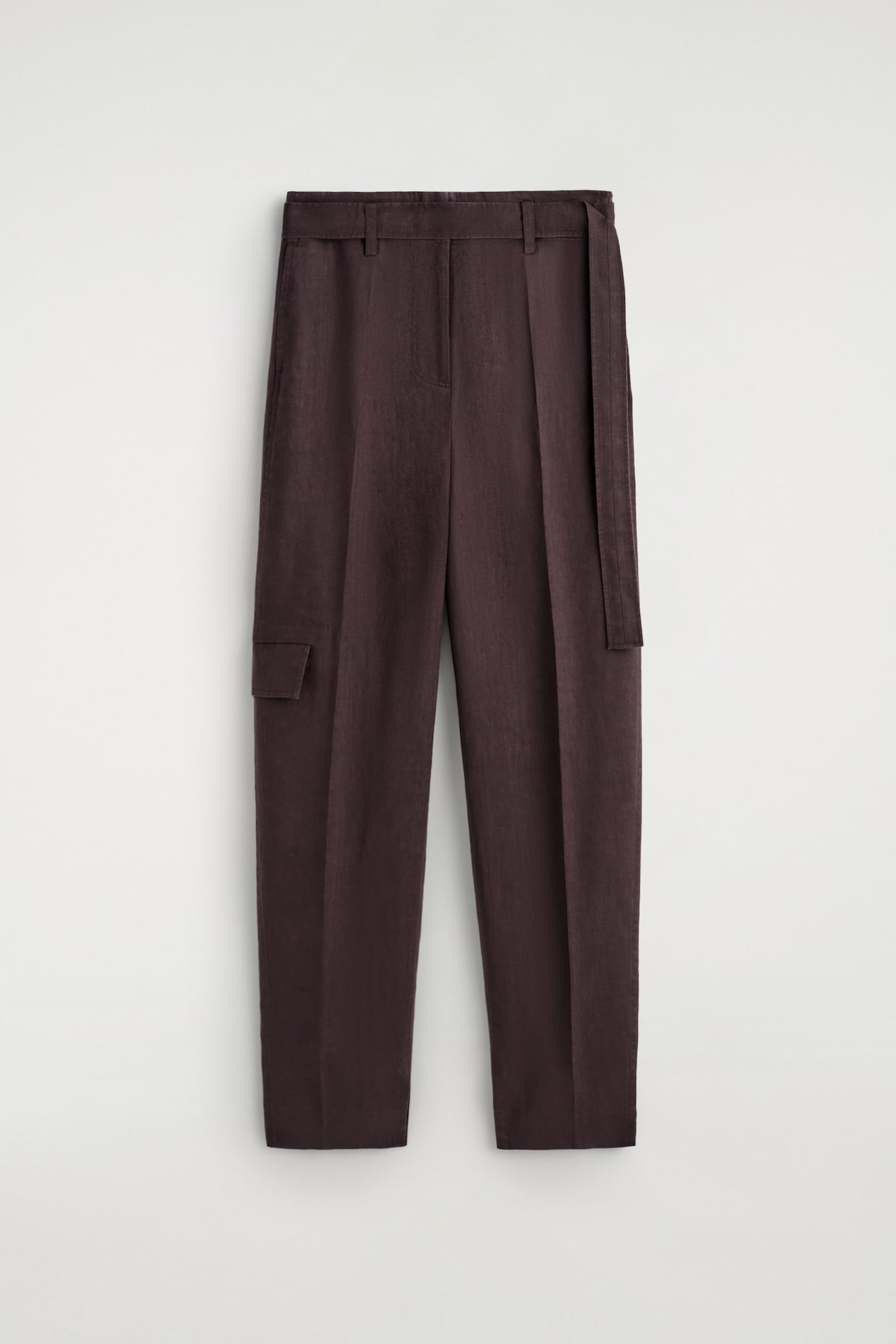 BELTED LINEN BARREL-LEG PANTS