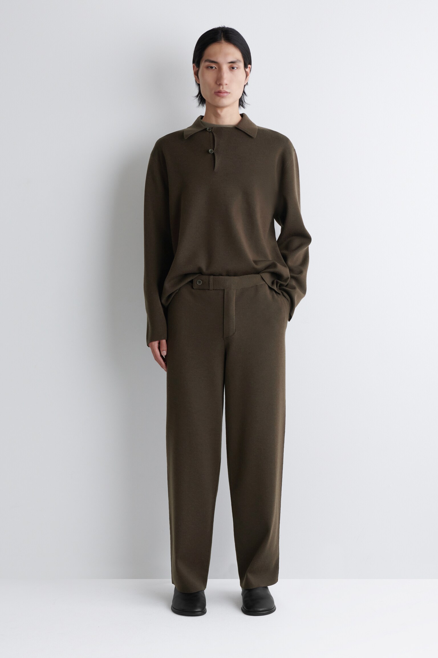 PANTALON DROIT EN MAILLE DE LAINE - BRUN FONCÉ - 1