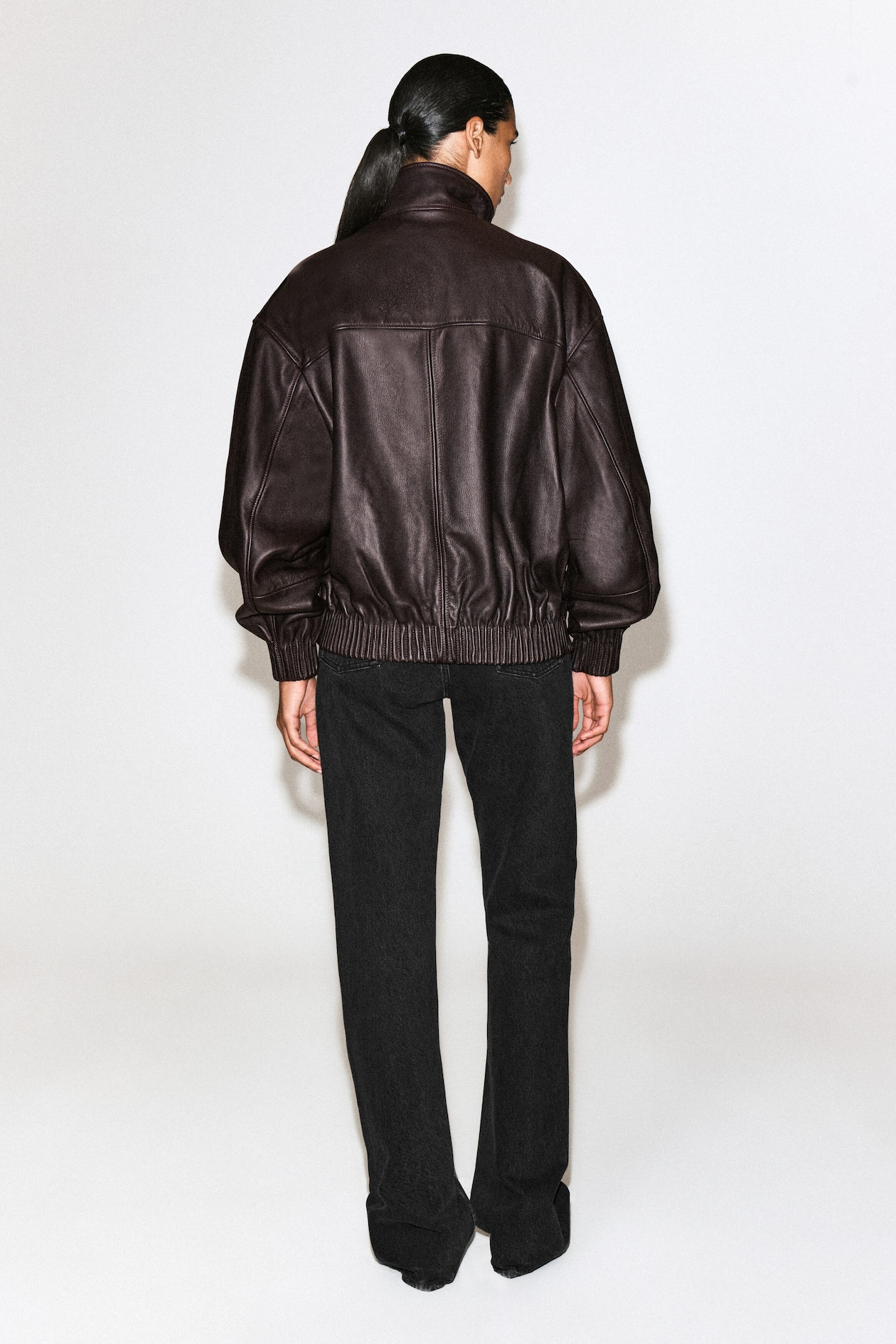 LEATHER MOCK-NECK BOMBER JACKET — DARK BROWN