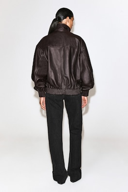 LEATHER MOCK-NECK BOMBER JACKET — DARK BROWN 5