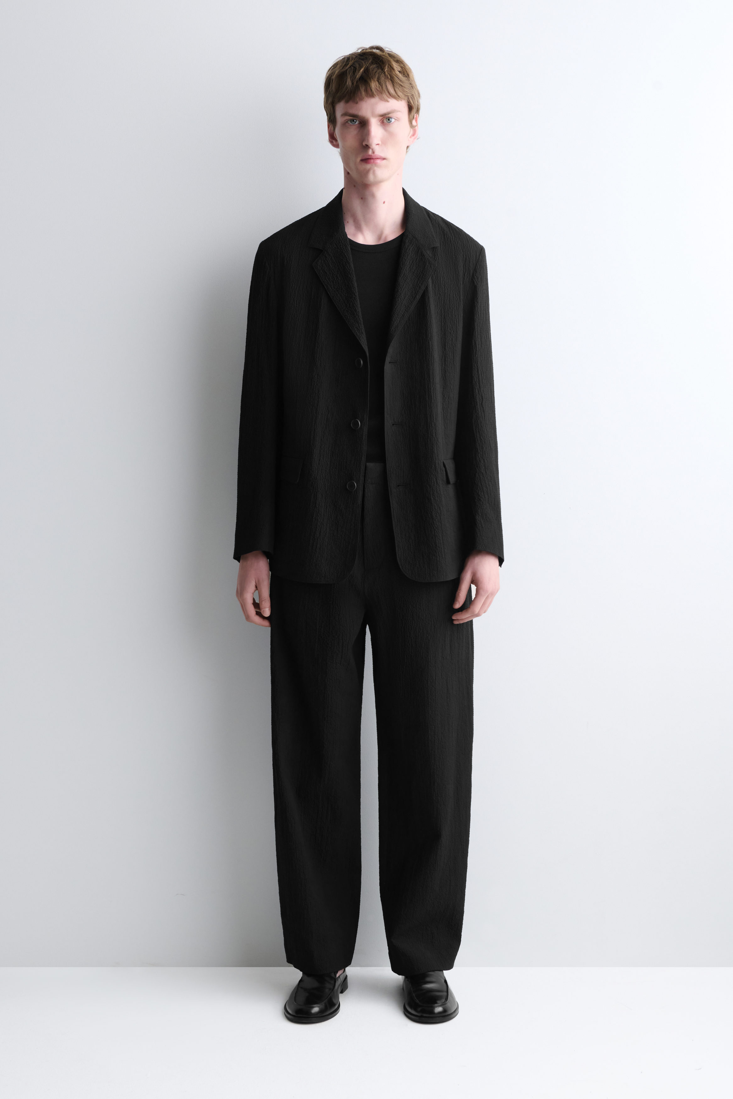 SEERSUCKER RELAXED-FIT STRAIGHT-LEG PANTS - BLACK | COS US