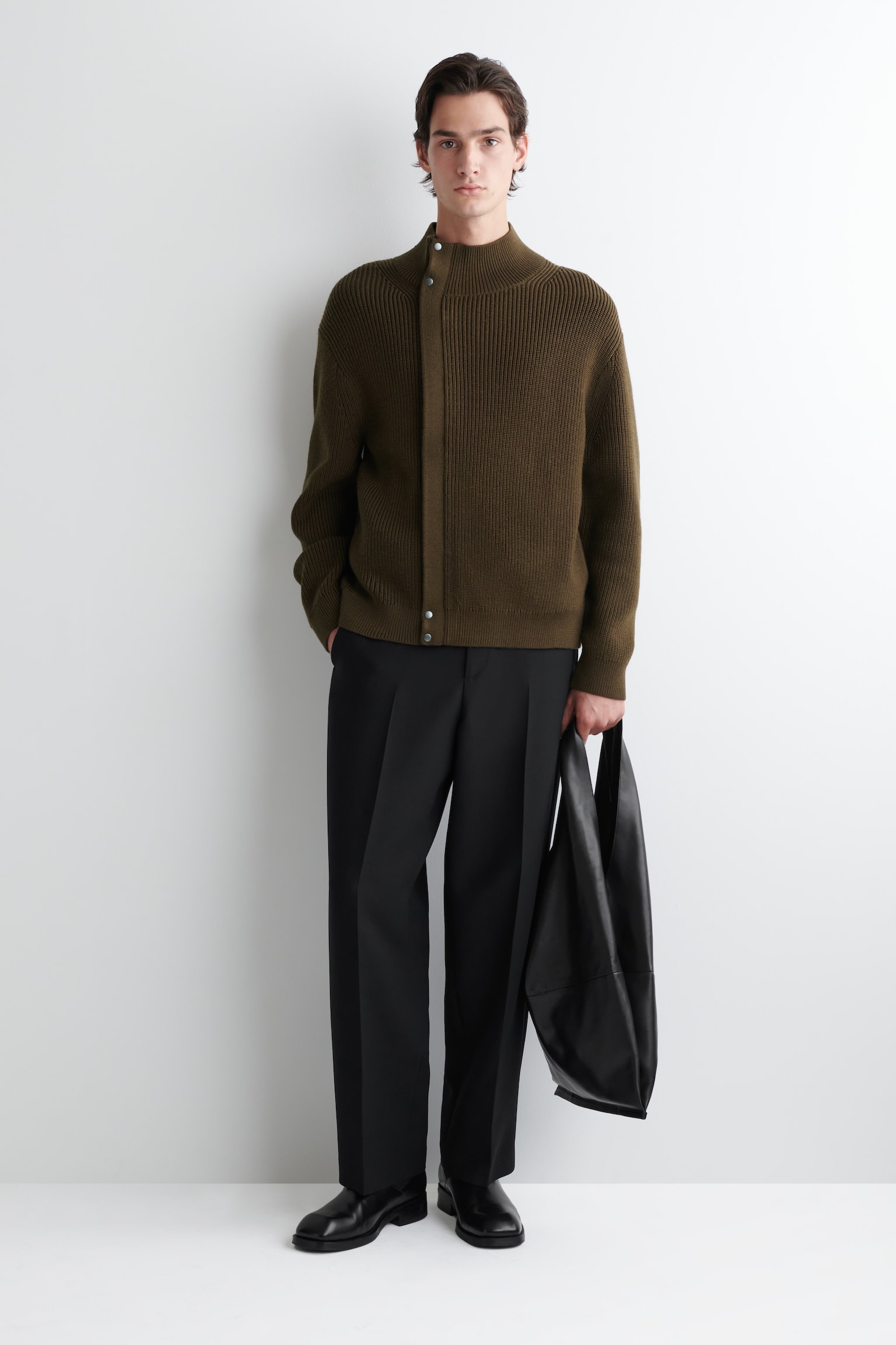 RIBBED WOOL FUNNEL-NECK JACKET - BROWN - 6
