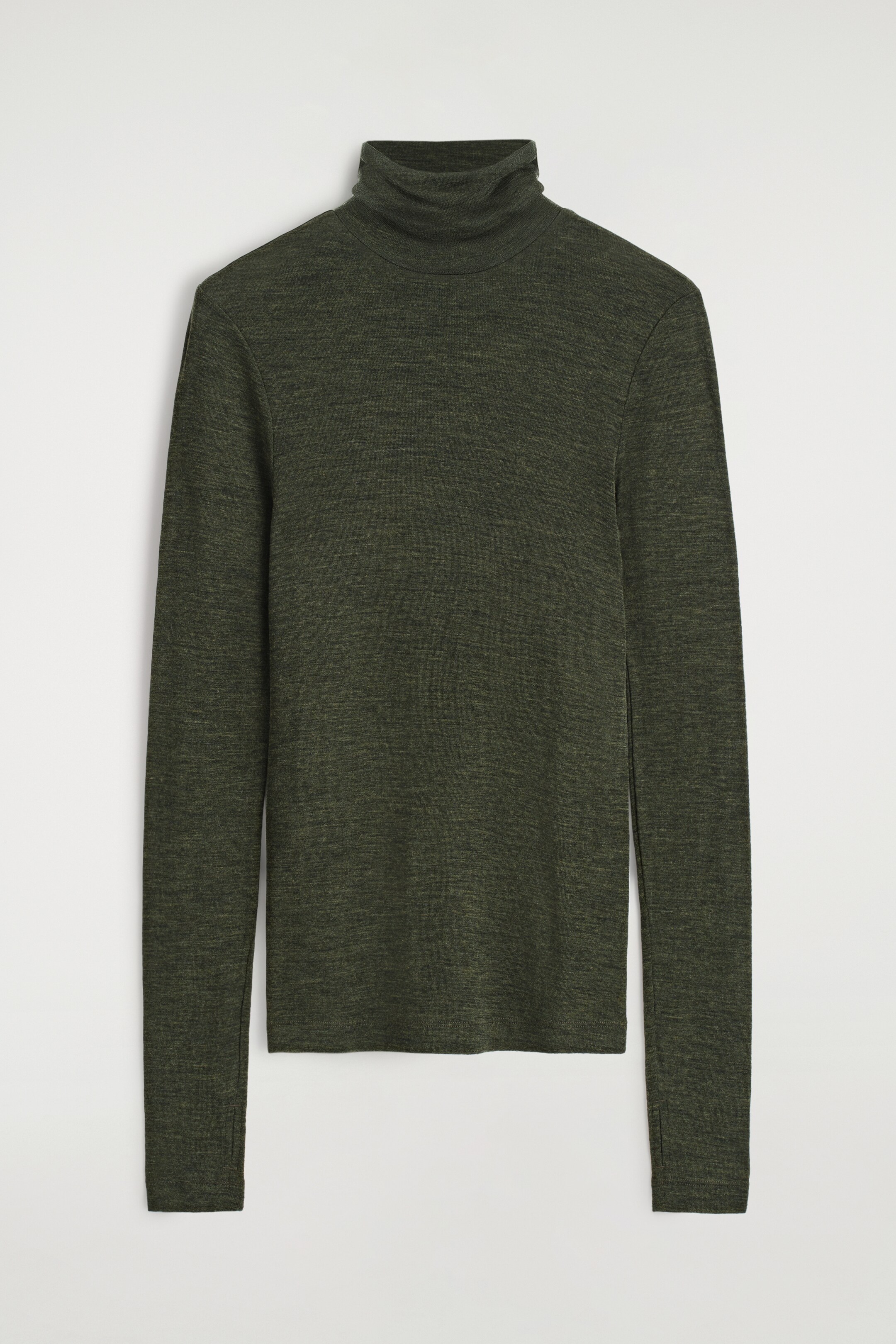 View larger image: A dark green long-sleeve top is presenting its FRONT, featuring a high, folded turtleneck. The top is displaying a slim fit with long sleeves, and its fabric has a subtle heathered texture.