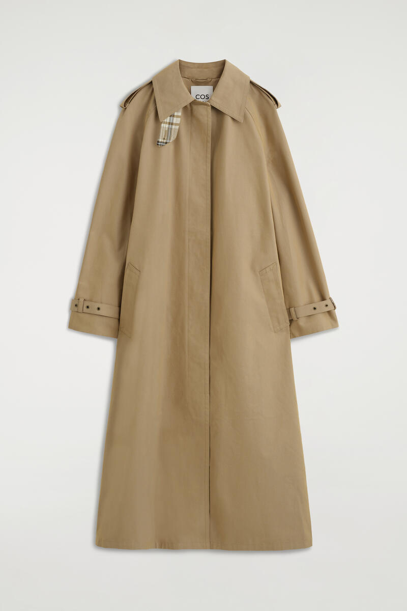 Check-Detail Belted Cotton Trench Coat