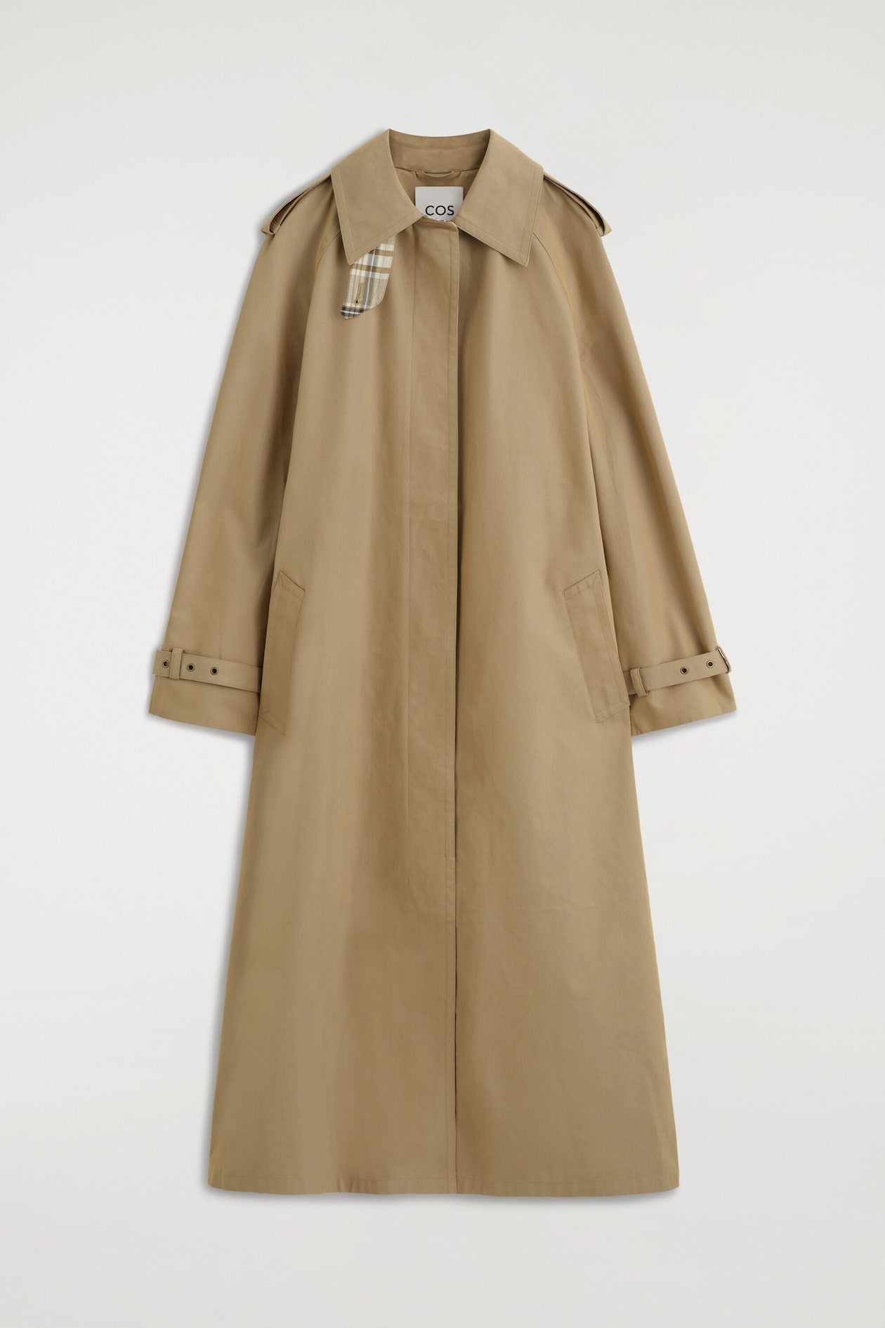 CHECK-DETAIL BELTED COTTON TRENCH COAT — BEIGE / CHECKED