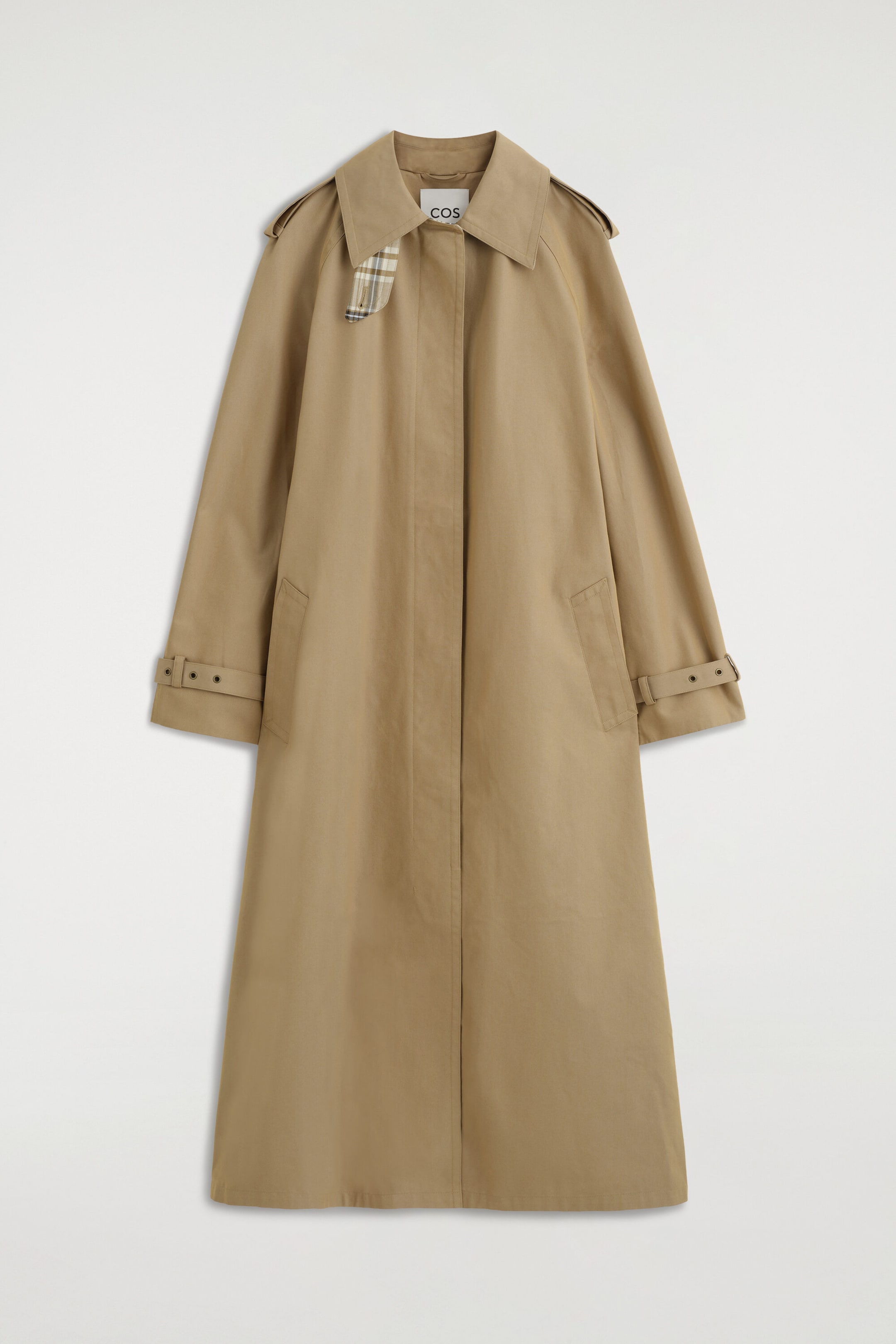 CHECK-DETAIL BELTED COTTON TRENCH COAT