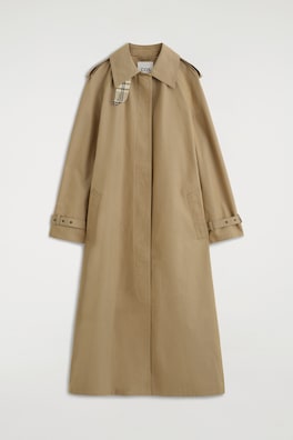 CHECK-DETAIL BELTED COTTON TRENCH COAT — BEIGE / CHECKED 8