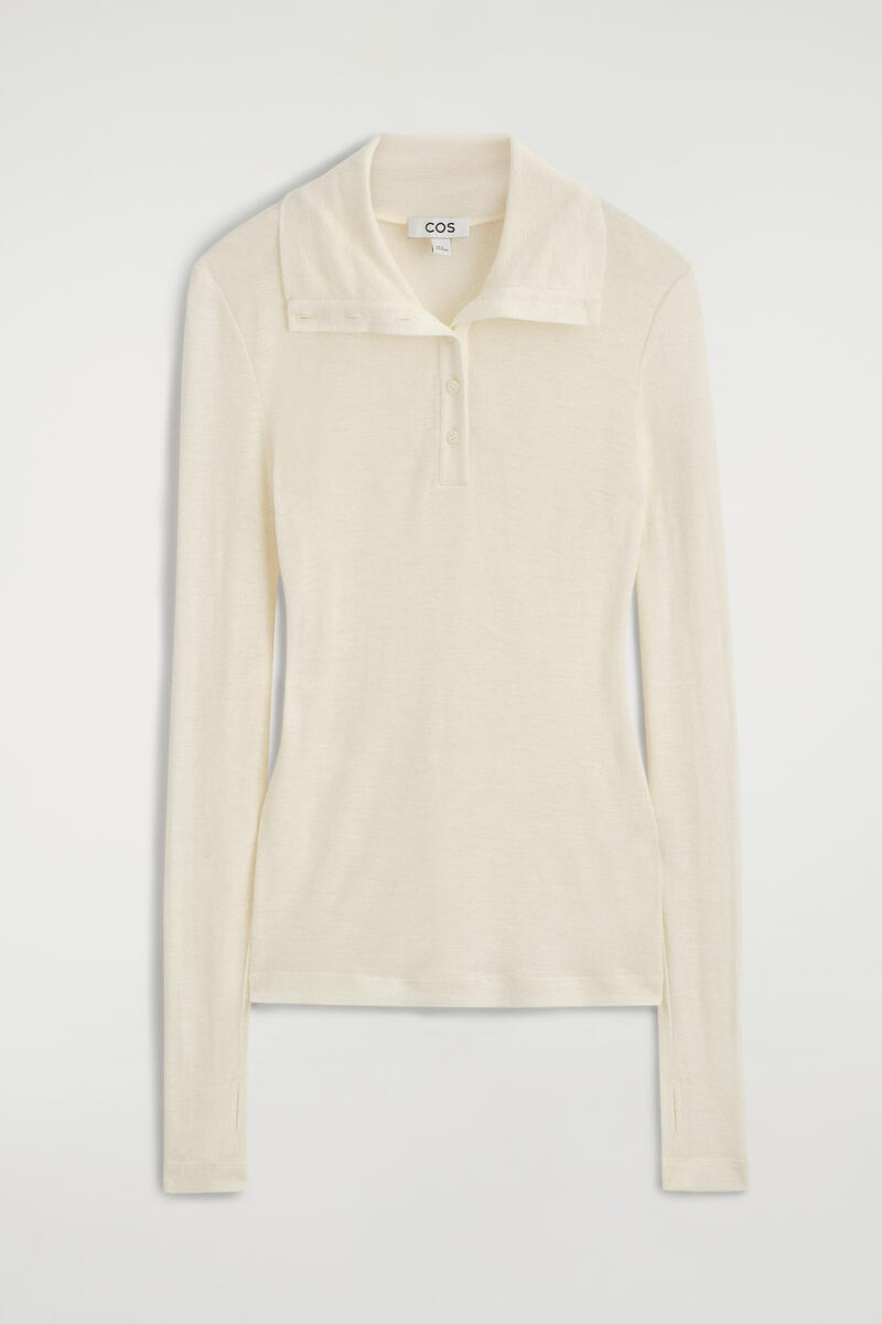 Merino Wool Buttoned Funnel-Neck Top