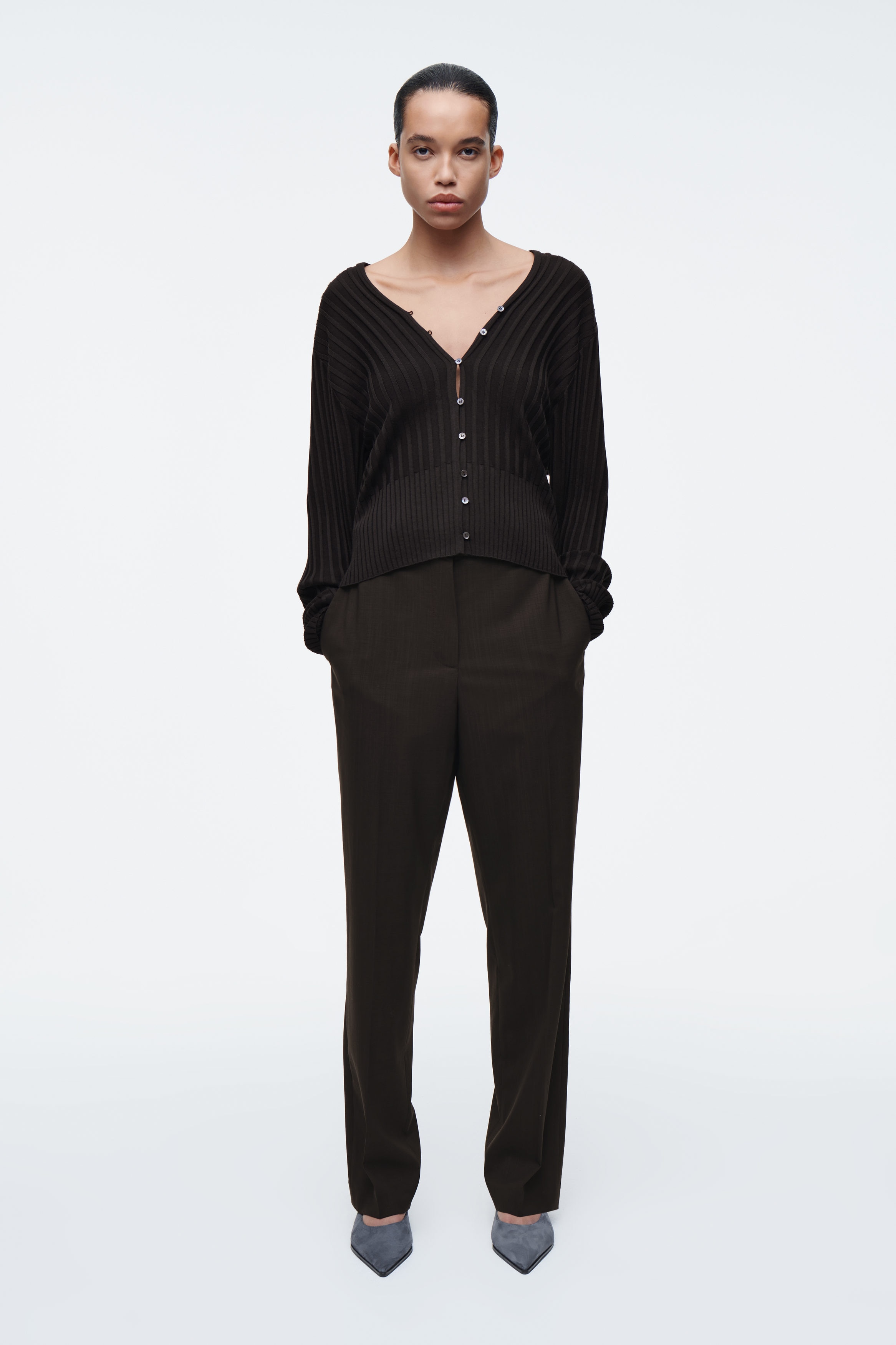 RIB-KNIT SILK CARDIGAN - CHOCOLATE | COS