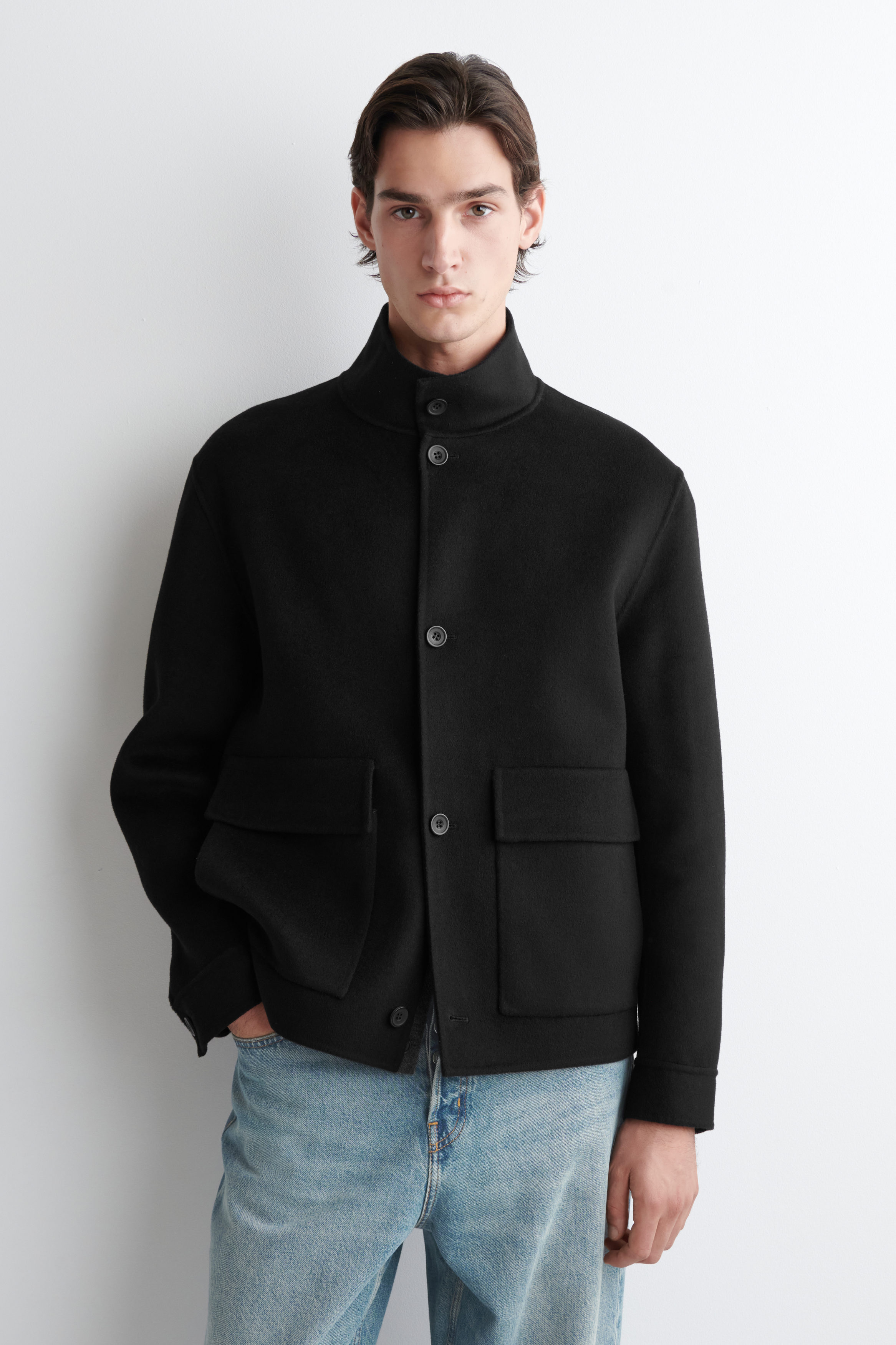 DOUBLE-FACED WOOL FUNNEL NECK JACKET - BLACK | COS