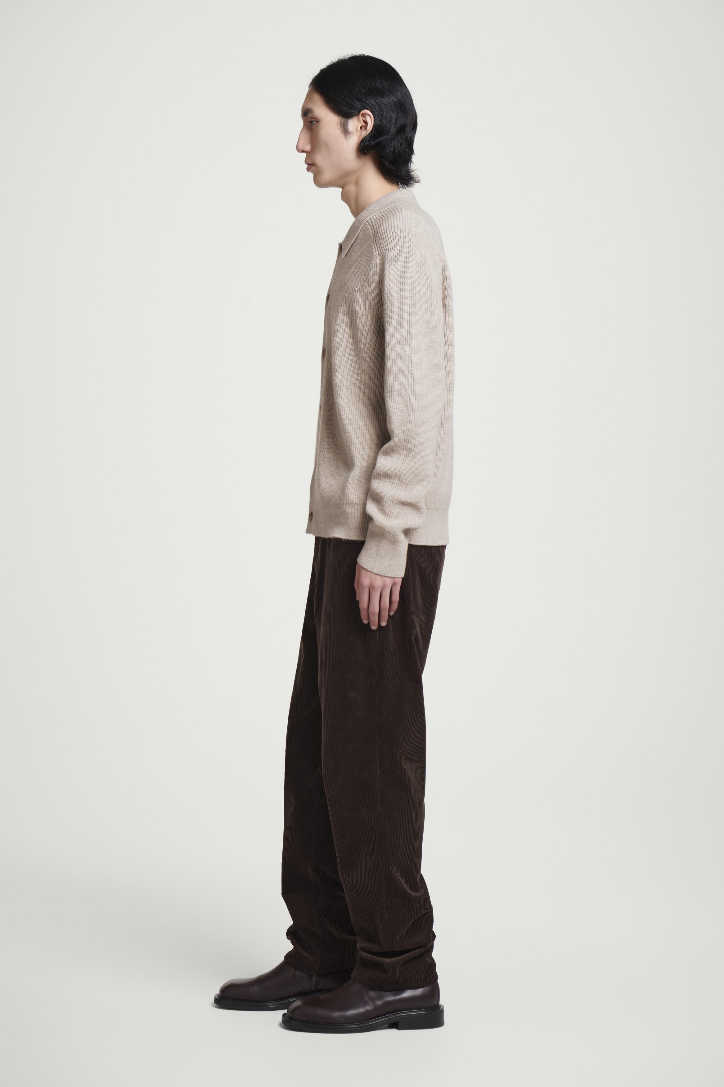 COLLARED RIBBED WOOL-CASHMERE CARDIGAN - LIGHT BEIGE | COS