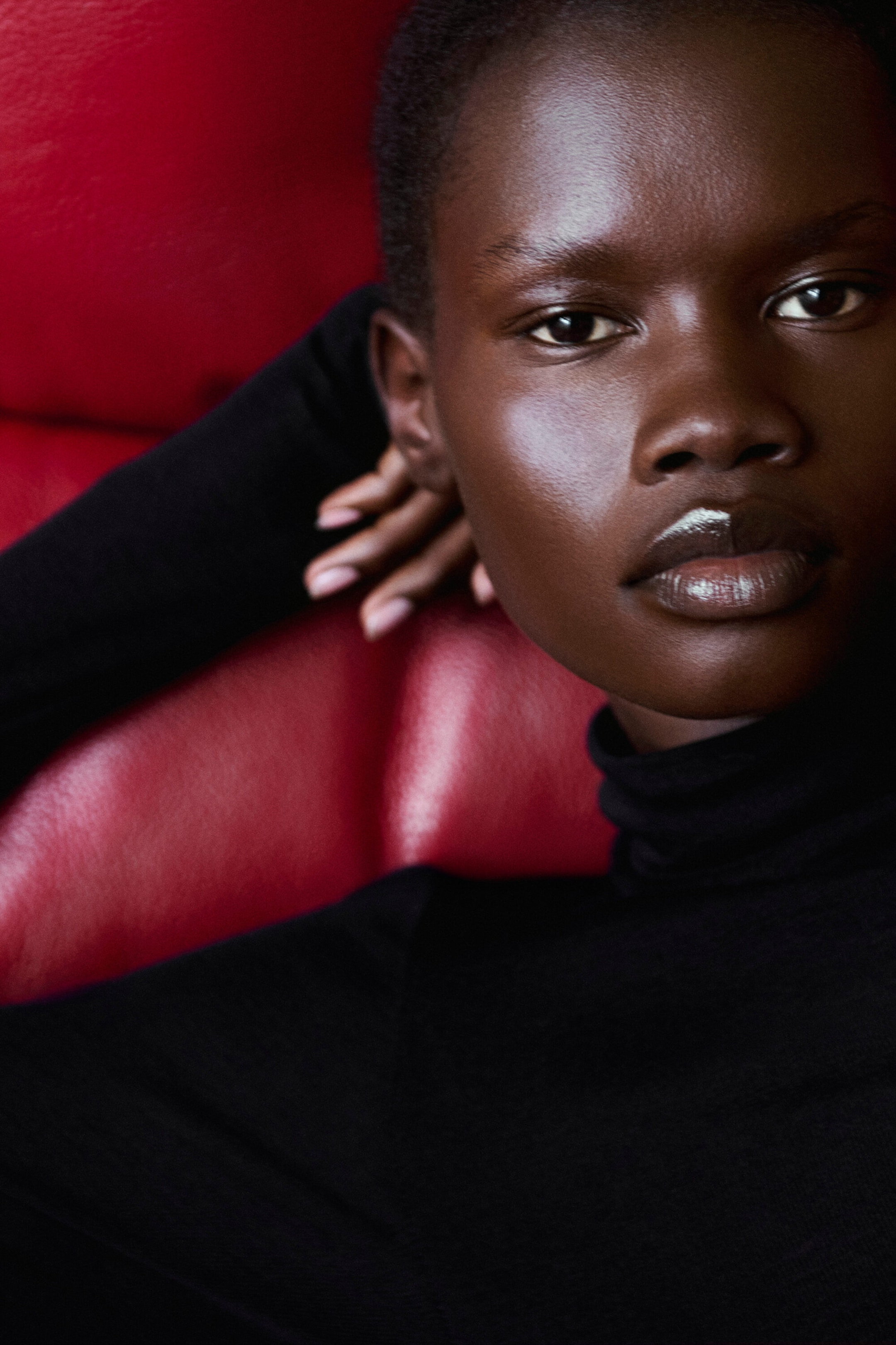 The black merino wool high-neck top is shown in a close-up, front-facing view, featuring a fitted roll neck and long sleeves. The black merino wool high-neck top is shown in a close-up, front-facing view, featuring a fitted roll neck and long sleeves.