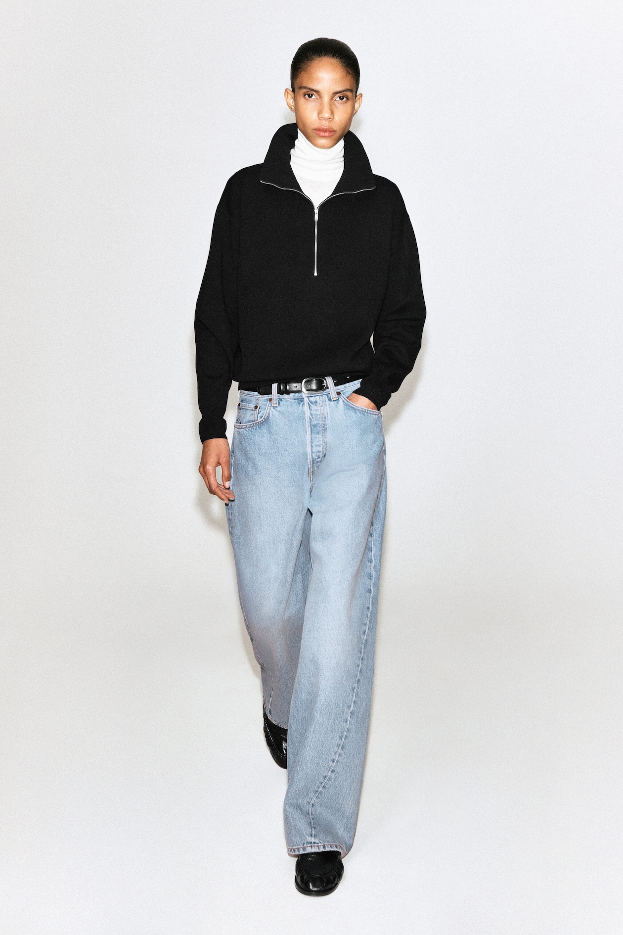 MOCK-NECK HALF-ZIP KNITTED SWEATER — BLACK