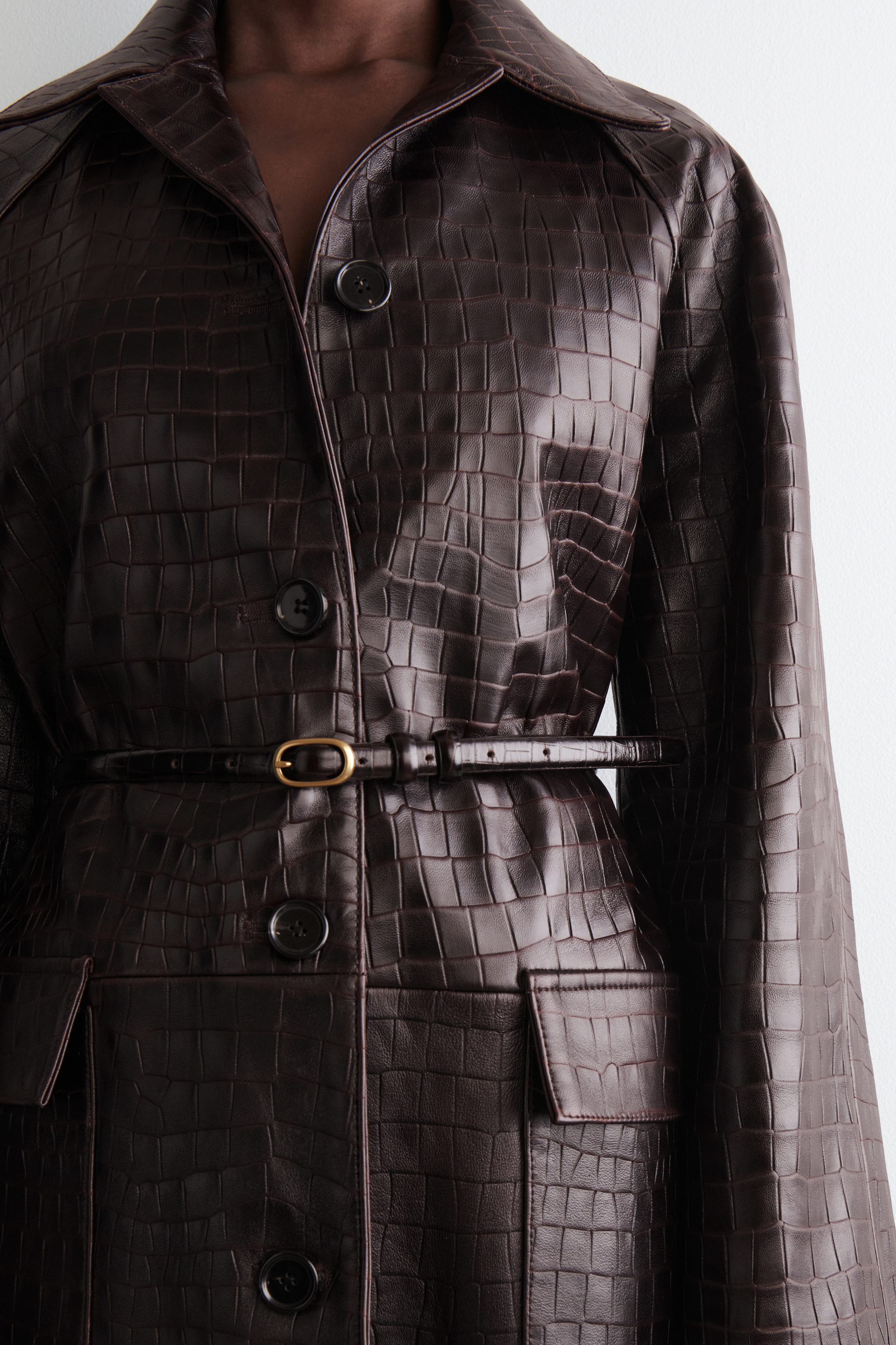 CROC-EMBOSSED LEATHER COAT - DARK BROWN | COS US