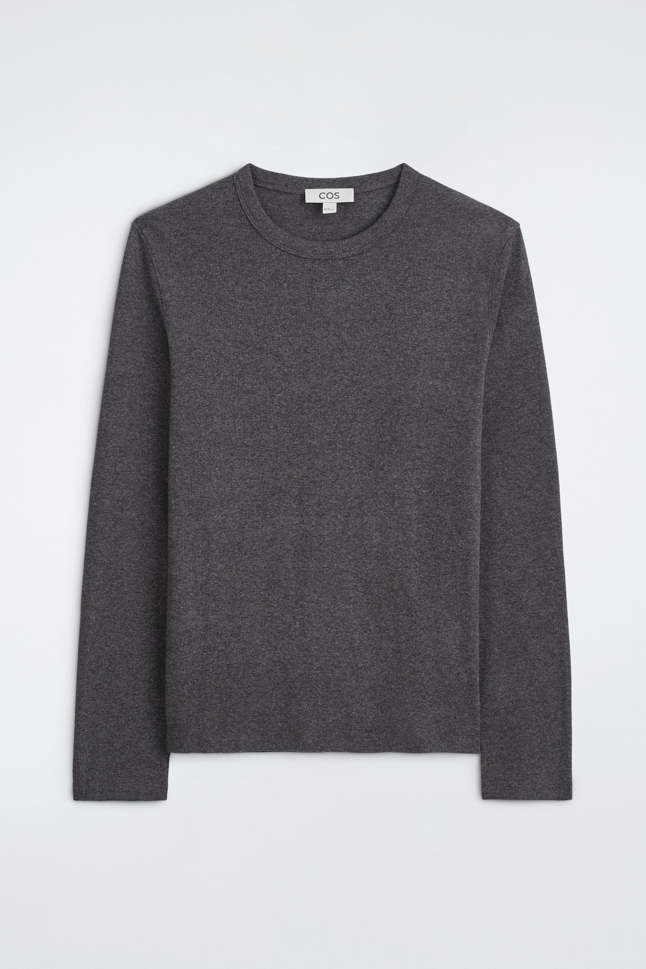 A dark grey, long-sleeved knitted top is laid flat in a front view, showcasing a ribbed crew neck, long sleeves, and a straight hem.