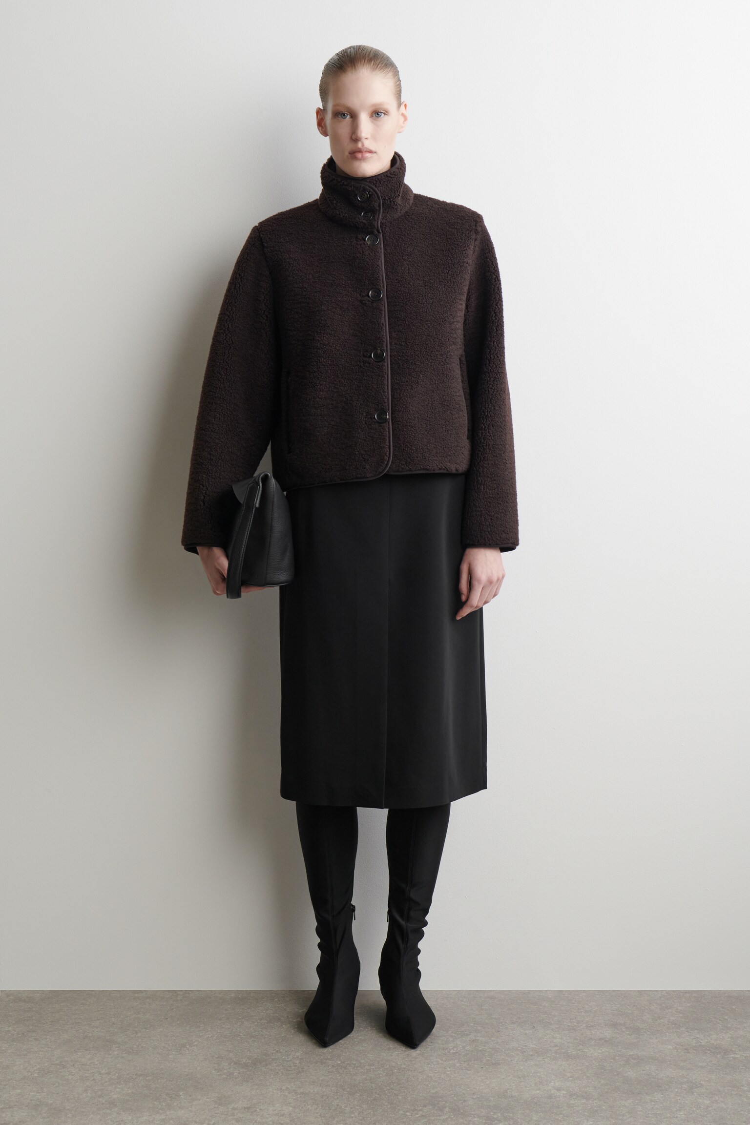 FUNNEL-NECK TEDDY JACKET - DARK BROWN/BROWN