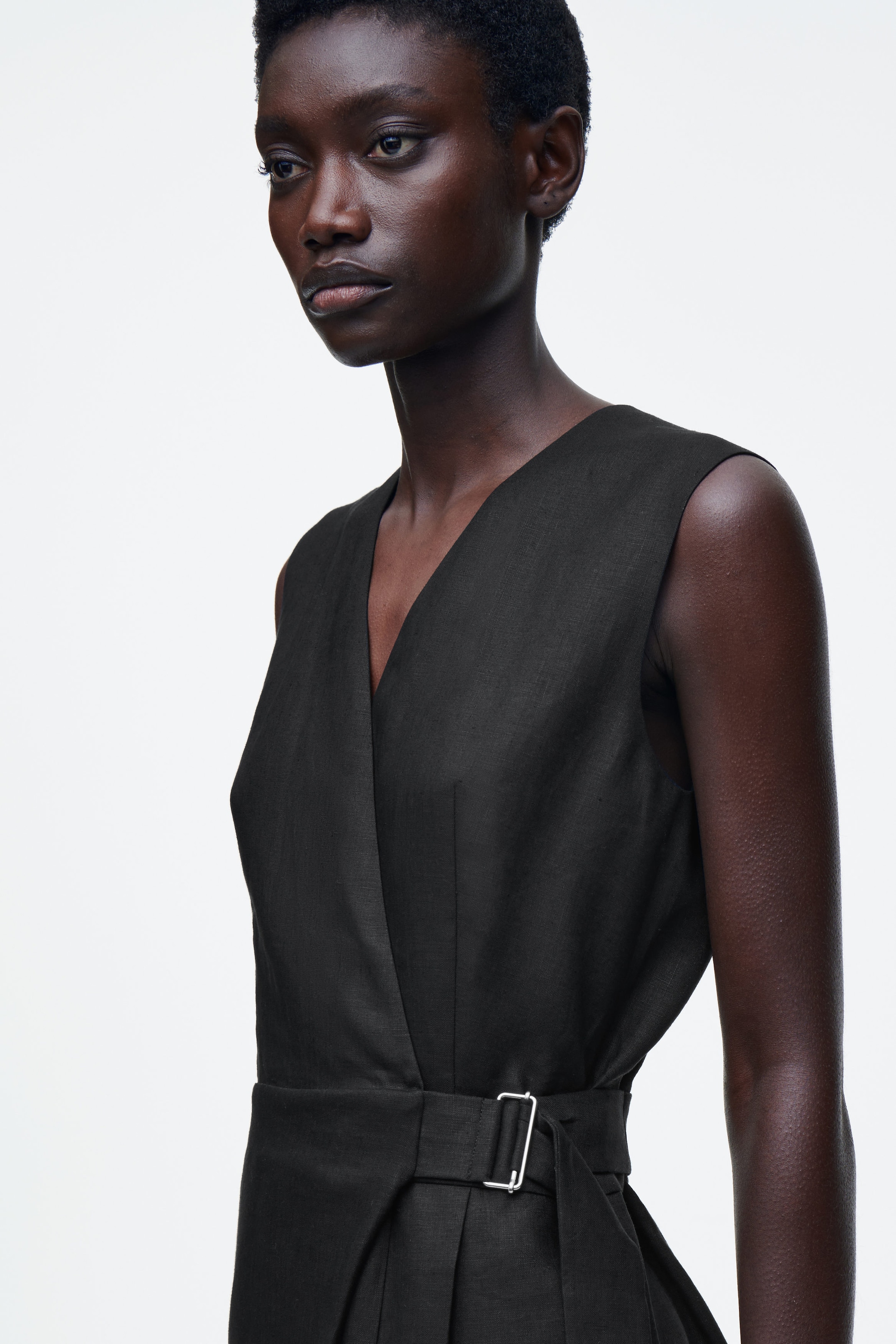WRAP-FRONT LINEN JUMPSUIT