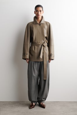 mock-NECK LEATHER SHORT TRENCH COAT — BEIGE 1