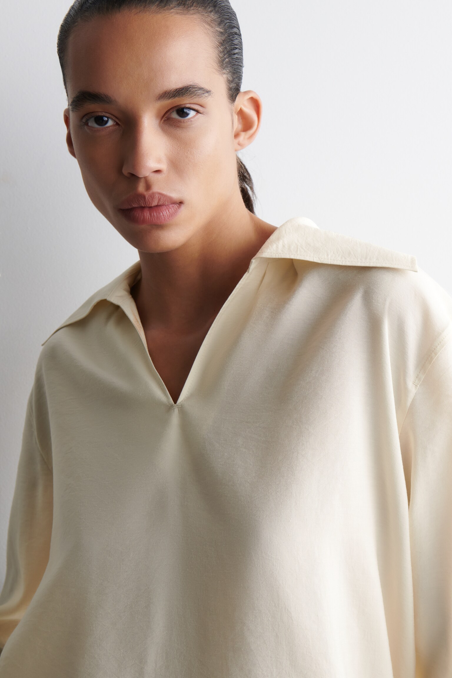 BLOUSE À COL LARGE EN MODAL - ÉCRU/BRUN FONCÉ - 4