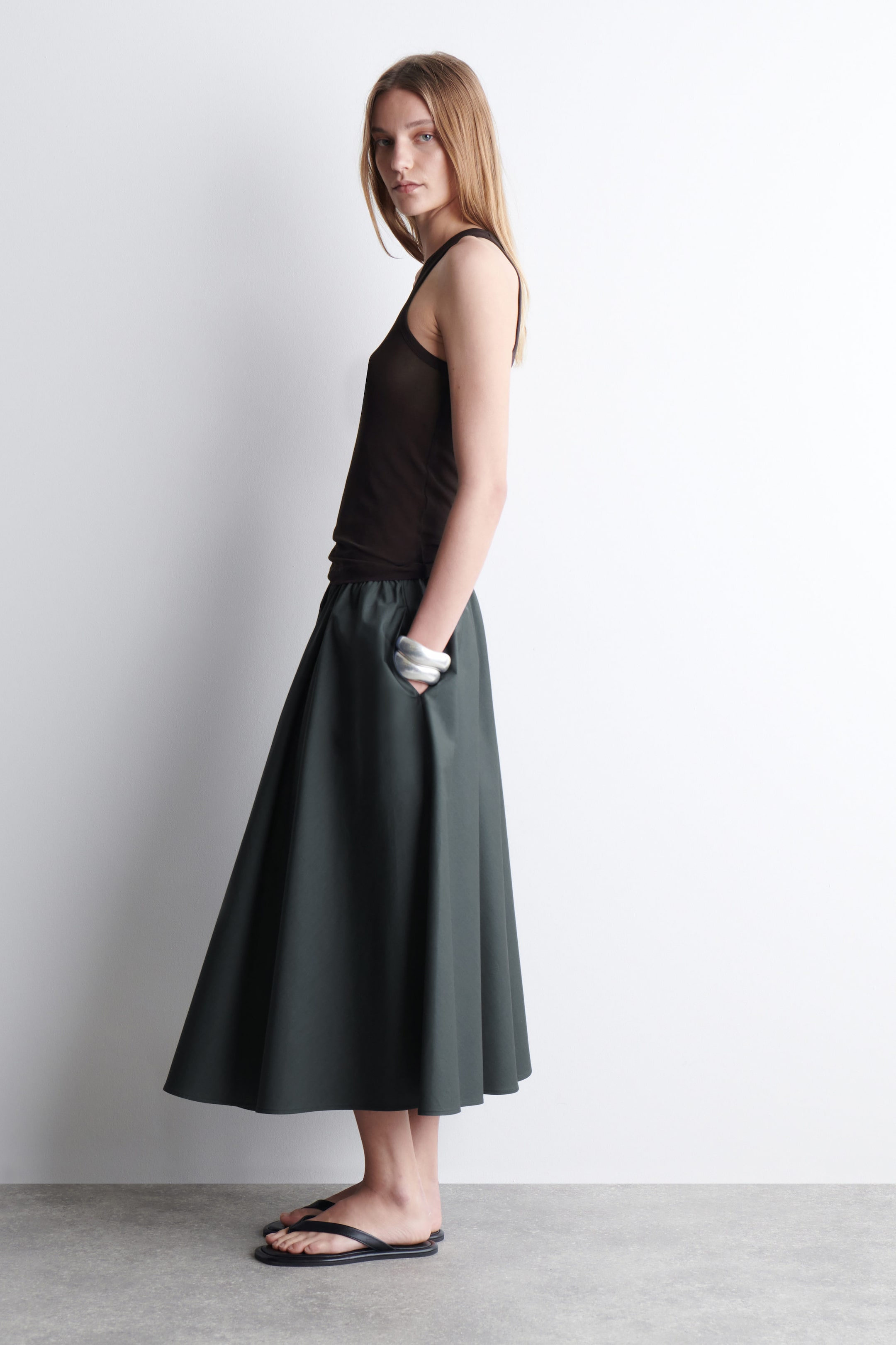 GATHERED A-LINE MIDI SKIRT