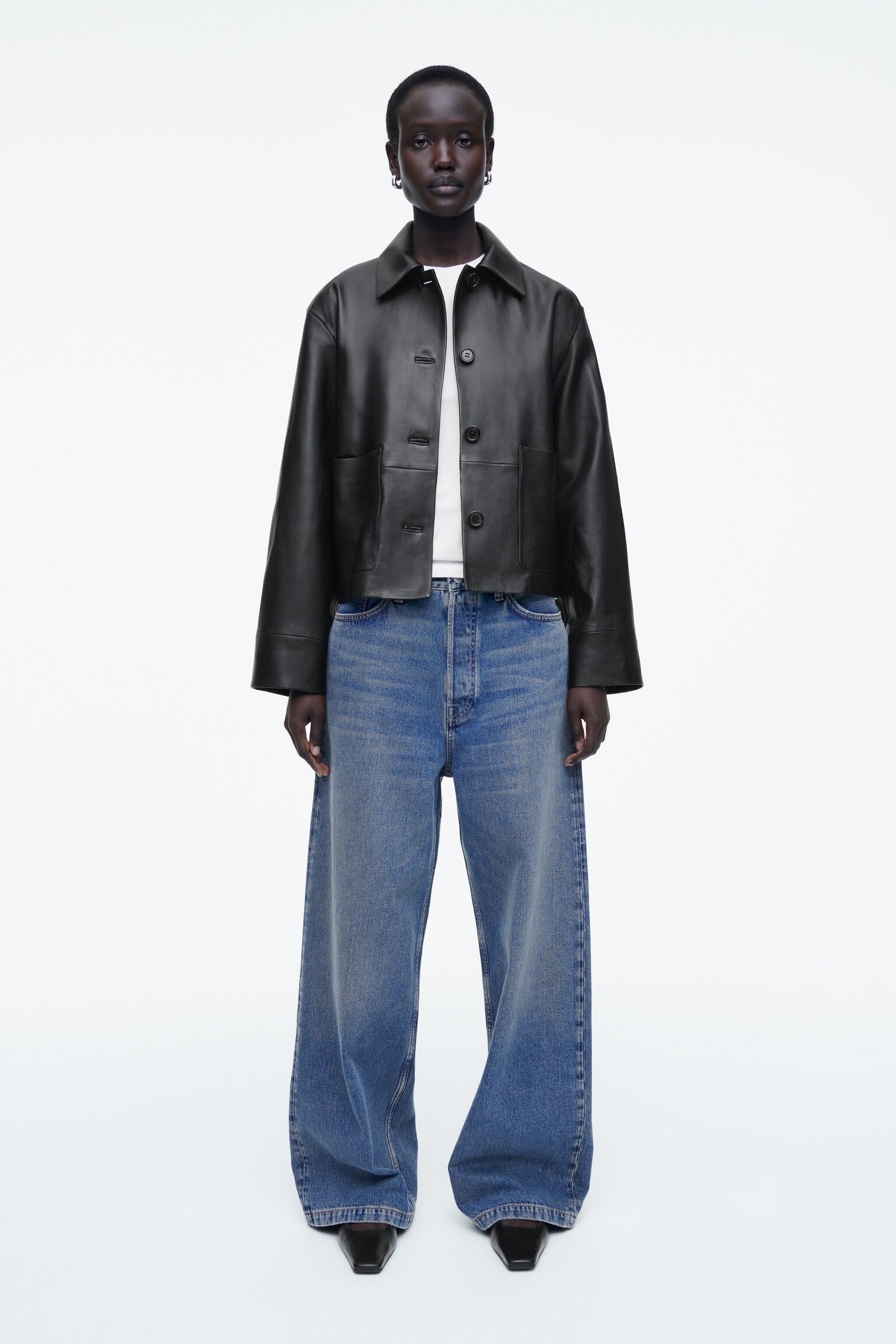 VESTE À COL ET SILHOUETTE CARRÉE EN CUIR - NOIR - 3