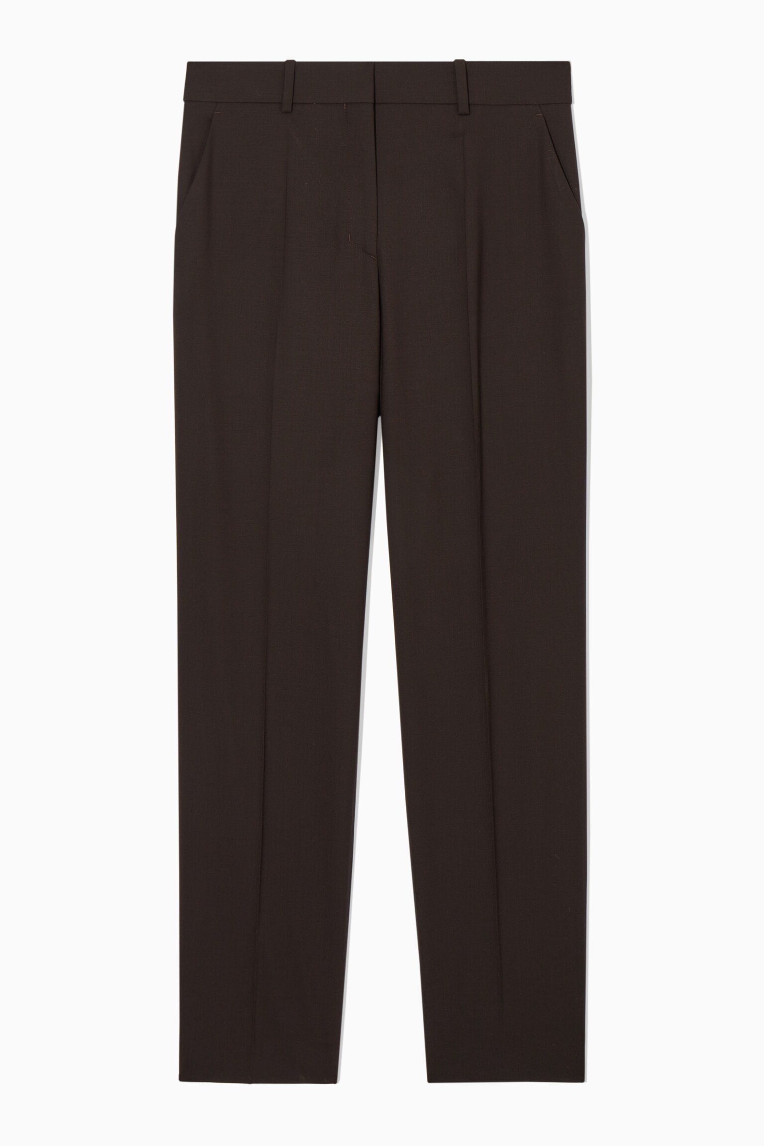 SLIM WOOL STRAIGHT-LEG TROUSERS - DARK BROWN
