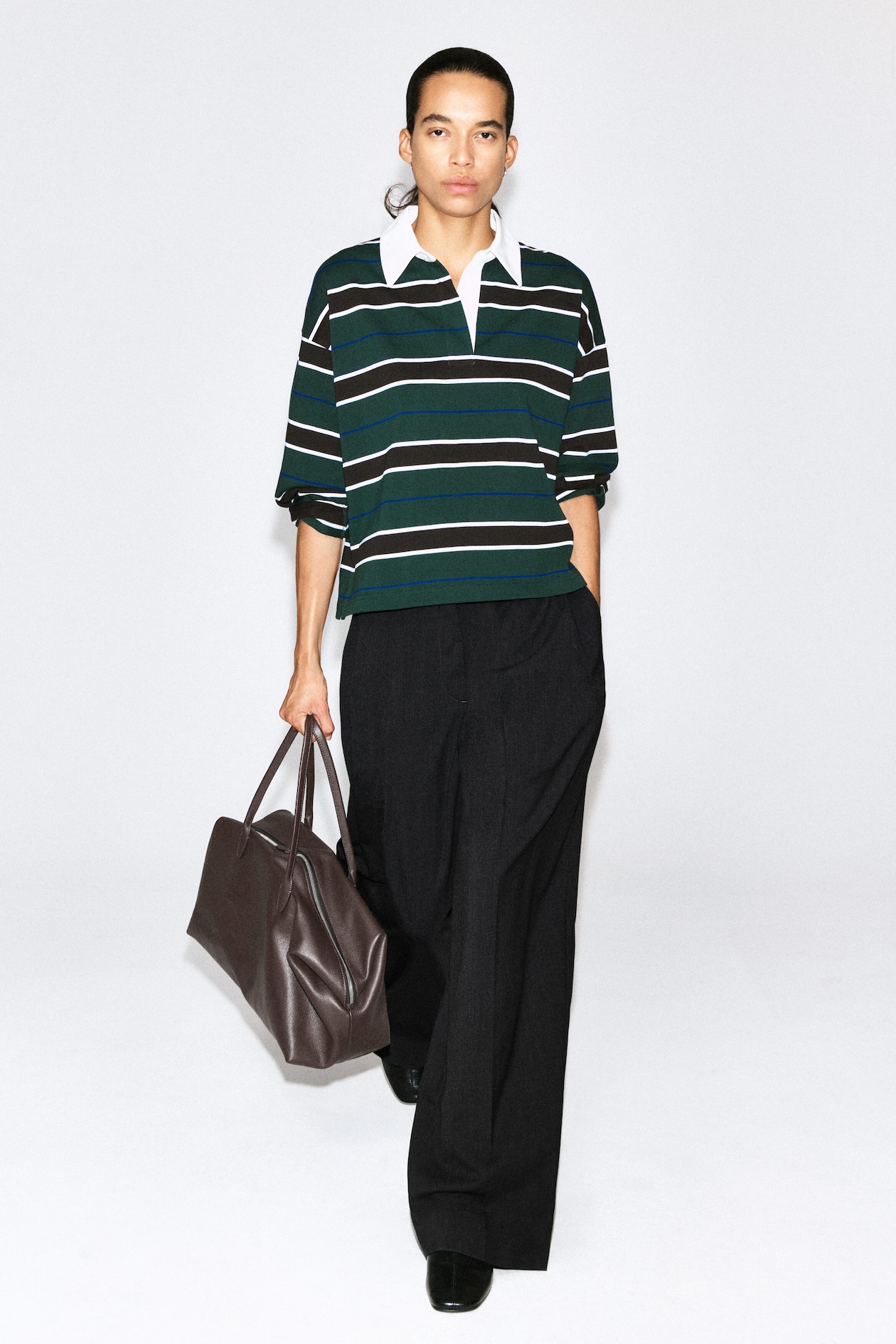 STRIPED COTTON RUGBY SHIRT — GREEN / BROWN / STRIPED