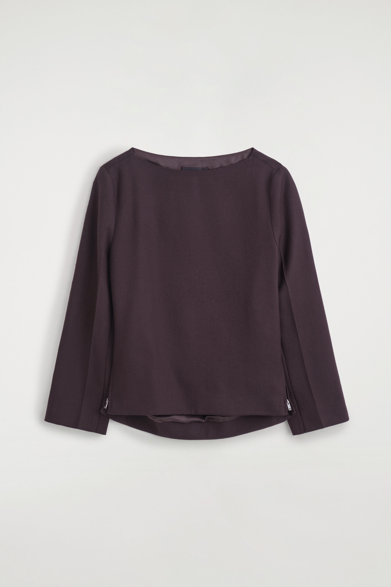 TAILORED WOOL BOAT-NECK TOP — UMBER