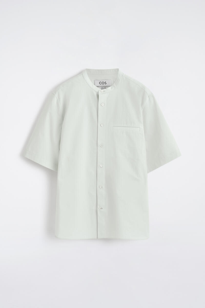 Cotton-Poplin Grandad-Collar Shirt in Green