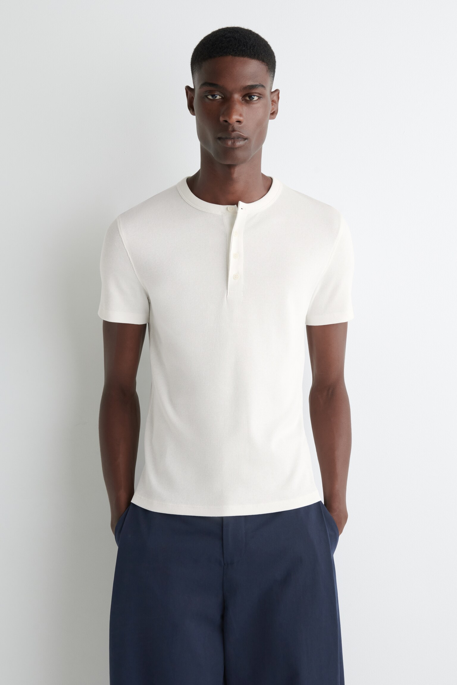 SLIM-FIT GEBREID HENLEY-T-SHIRT - WIT/ZWART/GRIJS MELANGE